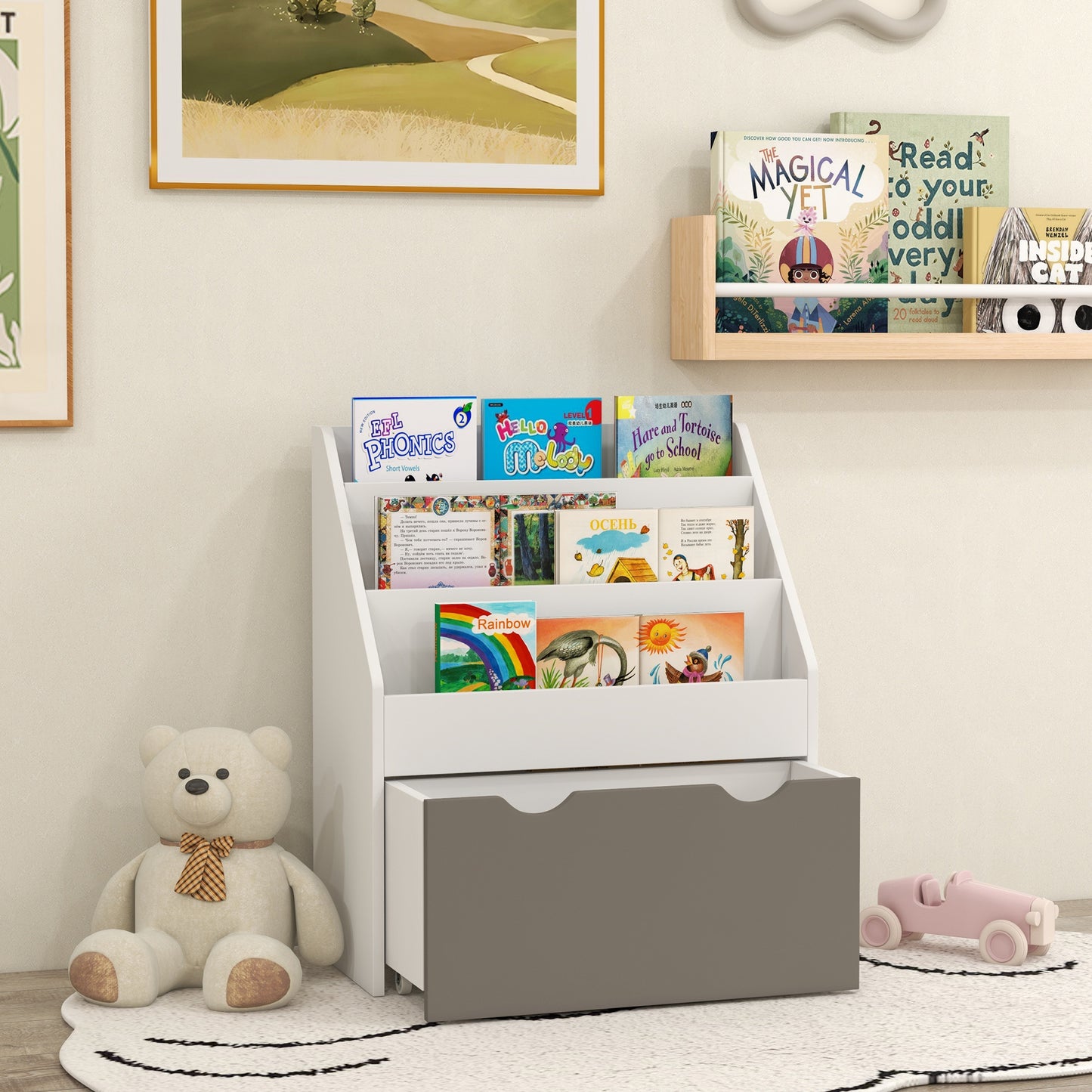 Kids Bookshelf with 3 Tier Display Shelves, Drawer for Nursery, Grey Baby & Kids Storage   at Gallery Canada