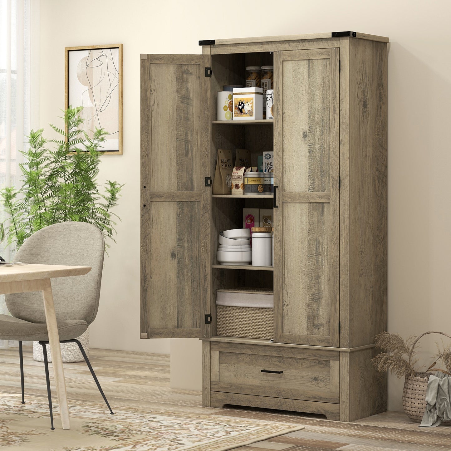 69" Tall Farmhouse Kitchen Pantry Cabinet with 2 Doors, Drawer and Adjustable Shelves for Dining Room, Grey Kitchen Pantry Cabinets   at Gallery Canada