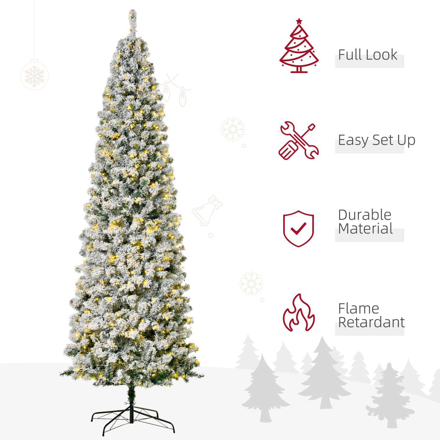 9 Feet Prelit Artificial Snow Flocked Pencil Christmas Tree, Slim Xmas Tree with Warm White LED Light, Holiday Home Xmas Decoration, Green Pre Lit Christmas Trees   at Gallery Canada