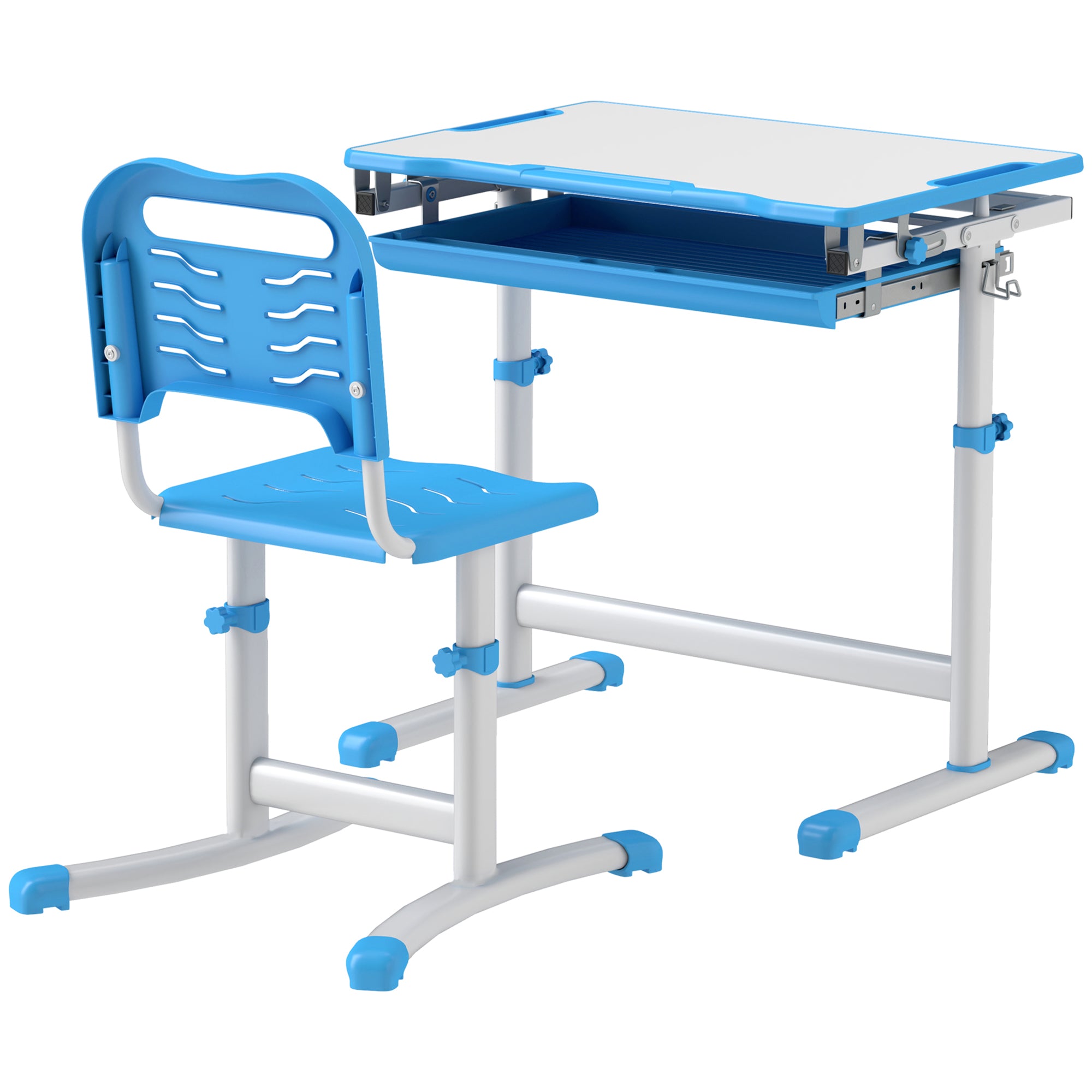 Height Adjustable Study Table and Chair Set with Drawer, Pen Slot, Tiltable Desktop, Hook, Blue Kids Desk Sets   at Gallery Canada