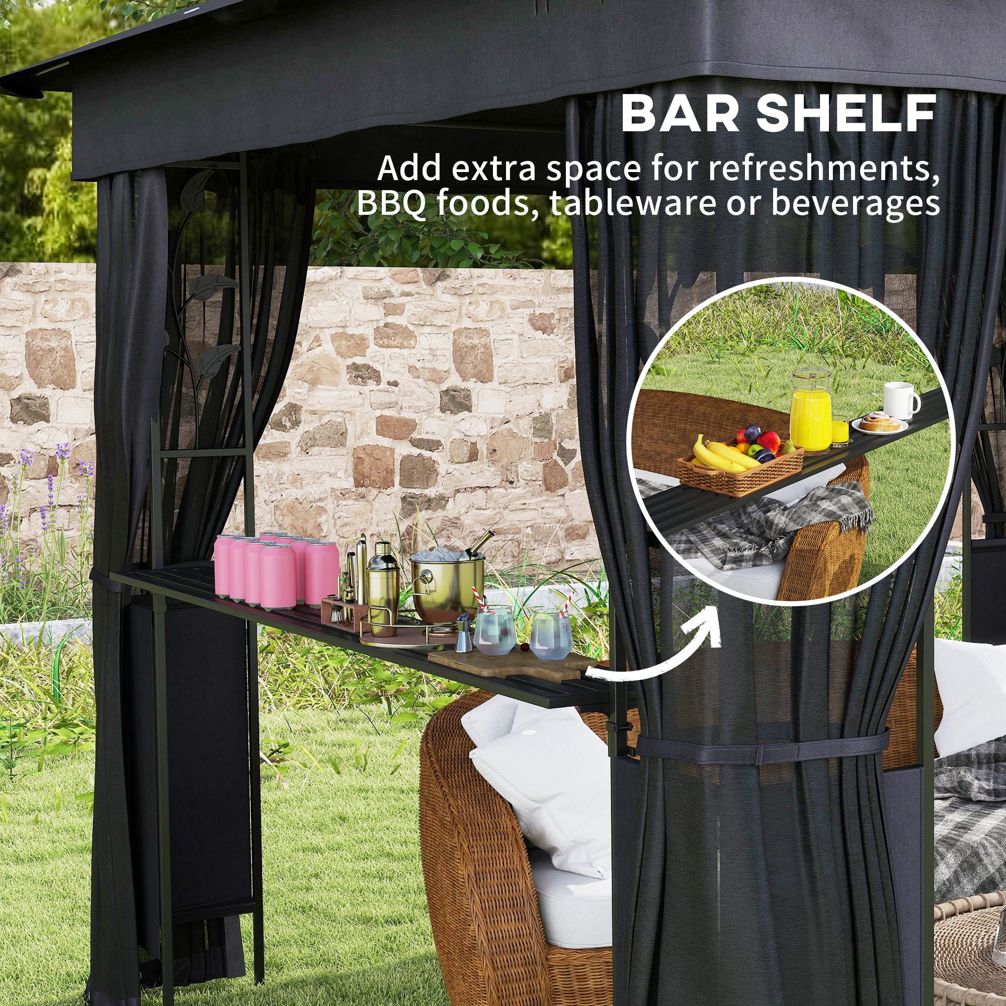 10' x 10' Outdoor Gazebo with Shelves and Netting, UV30+ Double Roof Patio Gazebo for Lawn, Backyard and Deck Gazebos at Gallery Canada