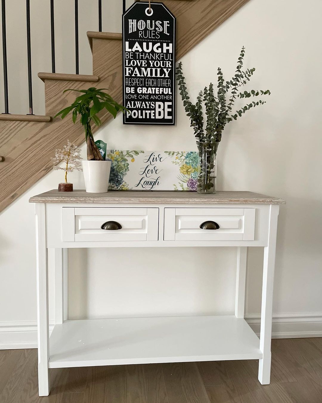 Console Table with 2 Storage Drawers and Open Shelf, Vintage Distressed Sofa Table for Hallway, Living Room, Bedroom, White Console Tables   at Gallery Canada