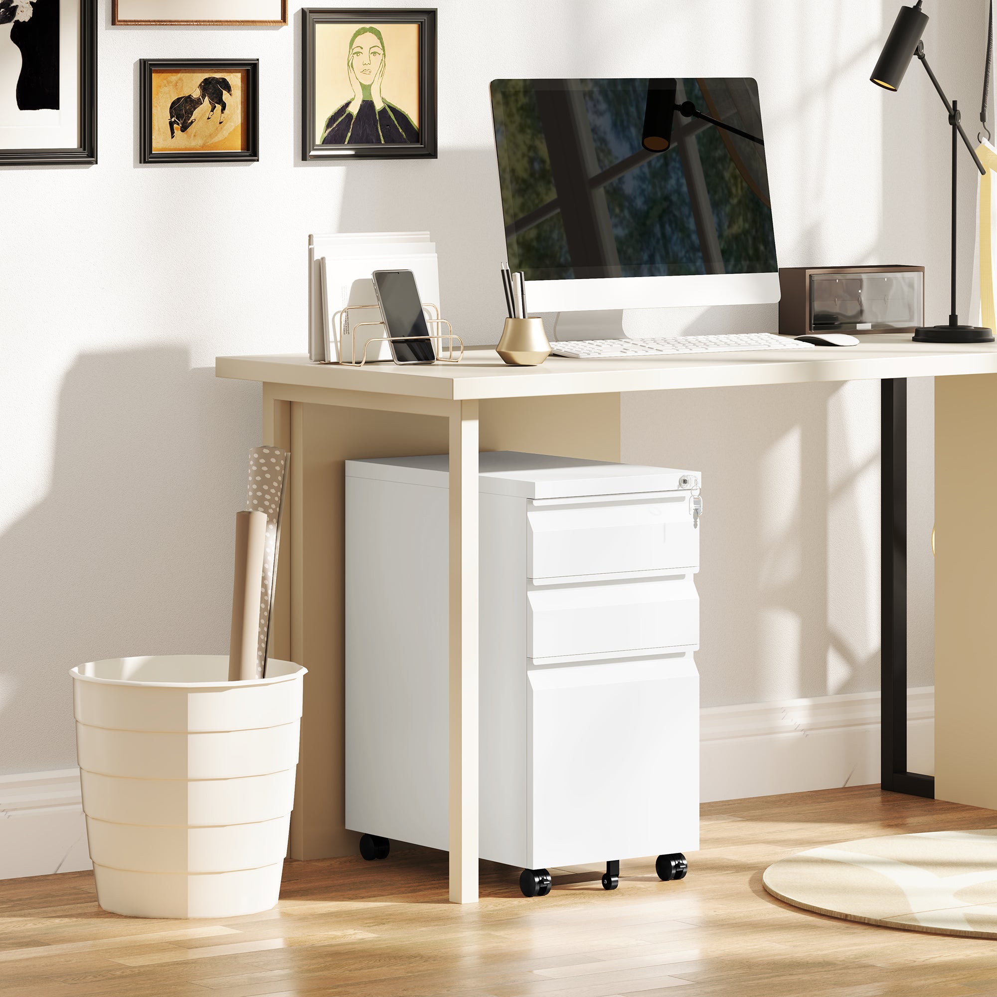 3 Drawer Filing Cabinet with Lock, Steel Office Storage Cabinet with Hanging Bar for A4, Legal, Letter Files, White Office Cabinets & Cupboards at Gallery Canada