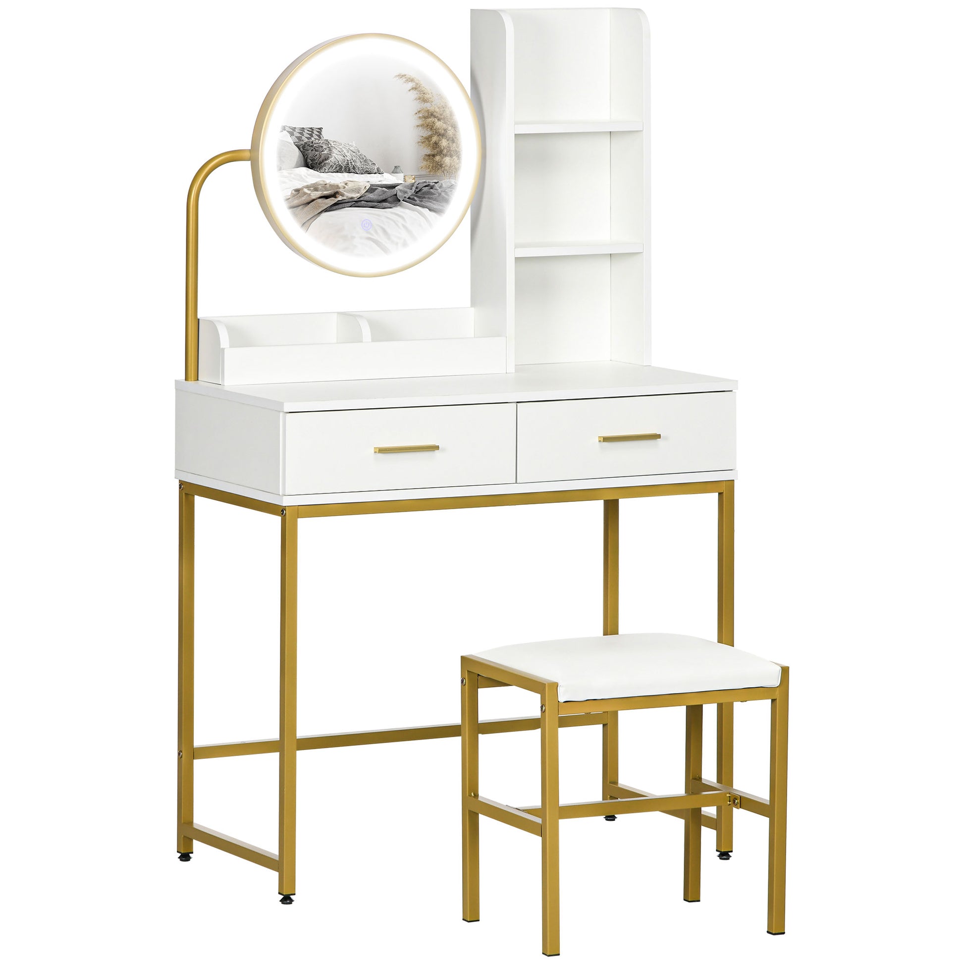 Makeup Vanity Desk Set with Mirror, Stool, LED Lights, Drawers, Shelves, Dressing Table for Bedroom, White Dressing & Vanity Tables   at Gallery Canada