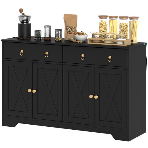 Sideboard Cabinet with 2 Drawers, 4 Barn Doors and 2 Adjustable Shelves, Buffet Table for Living Room, Black