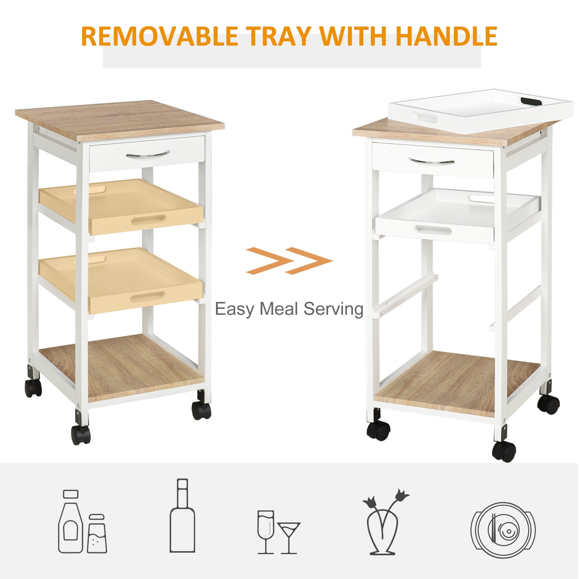 Bar Cart, 4-Tier Kitchen Cart with Removable Serving Tray, Kitchen Shelves on Wheels with Drawer for Dining Room, Living Room, White Kitchen Islands & Kitchen Carts   at Gallery Canada