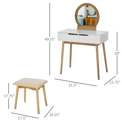 Vanity Table Set with Round Mirror and 2 Drawers, Dressing Table with Cushioned Stool Set for Bedroom, Natural