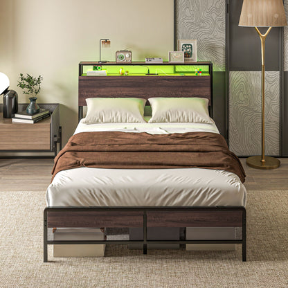 Full Size Bed Frame with LED Lights and Charging Station, Full Bed Frame with Storage Headboard, Noise-Free, Walnut Bedroom Furniture Multi Colour  at Gallery Canada