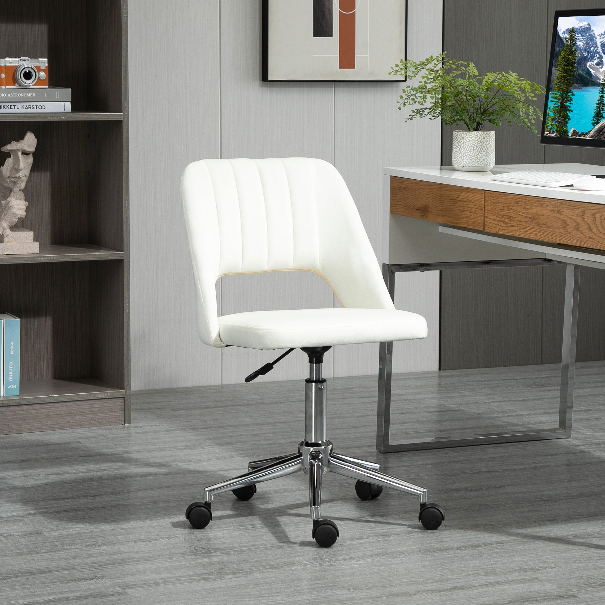 Mid Back Office Chair Velvet Fabric Swivel Scallop Shape Computer Desk Chair, Cream White Office Chairs at Gallery Canada