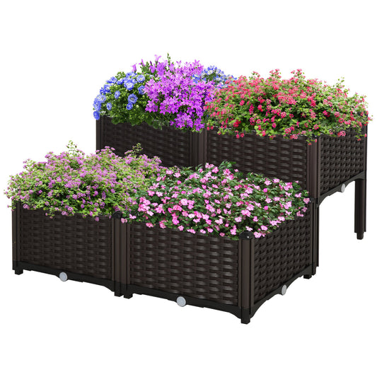 4 Piece Raised Garden Bed PP Raised Flower Bed Vegetable Herb Grow Box Stand Brown - Gallery Canada
