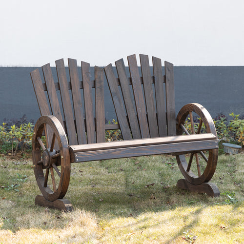 Outdoor Garden Bench, 2- Seat Patio Wooden Bench with Wheel-Shaped Armrests for Yard, Carbonized color