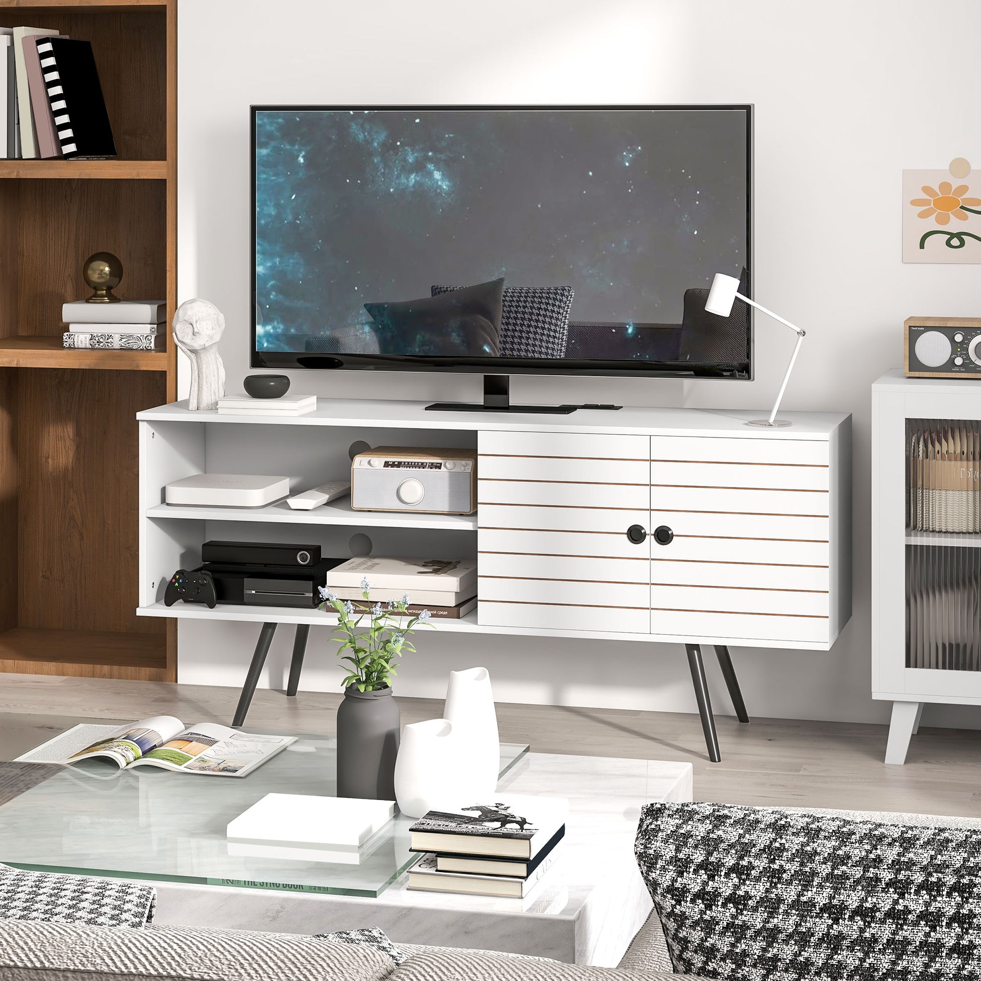 TV Stand Cabinet for 65-Inch, TV Table with Charging Station, Television Stand with Open Shelves, Door and Cable Holes TV Stands   at Gallery Canada