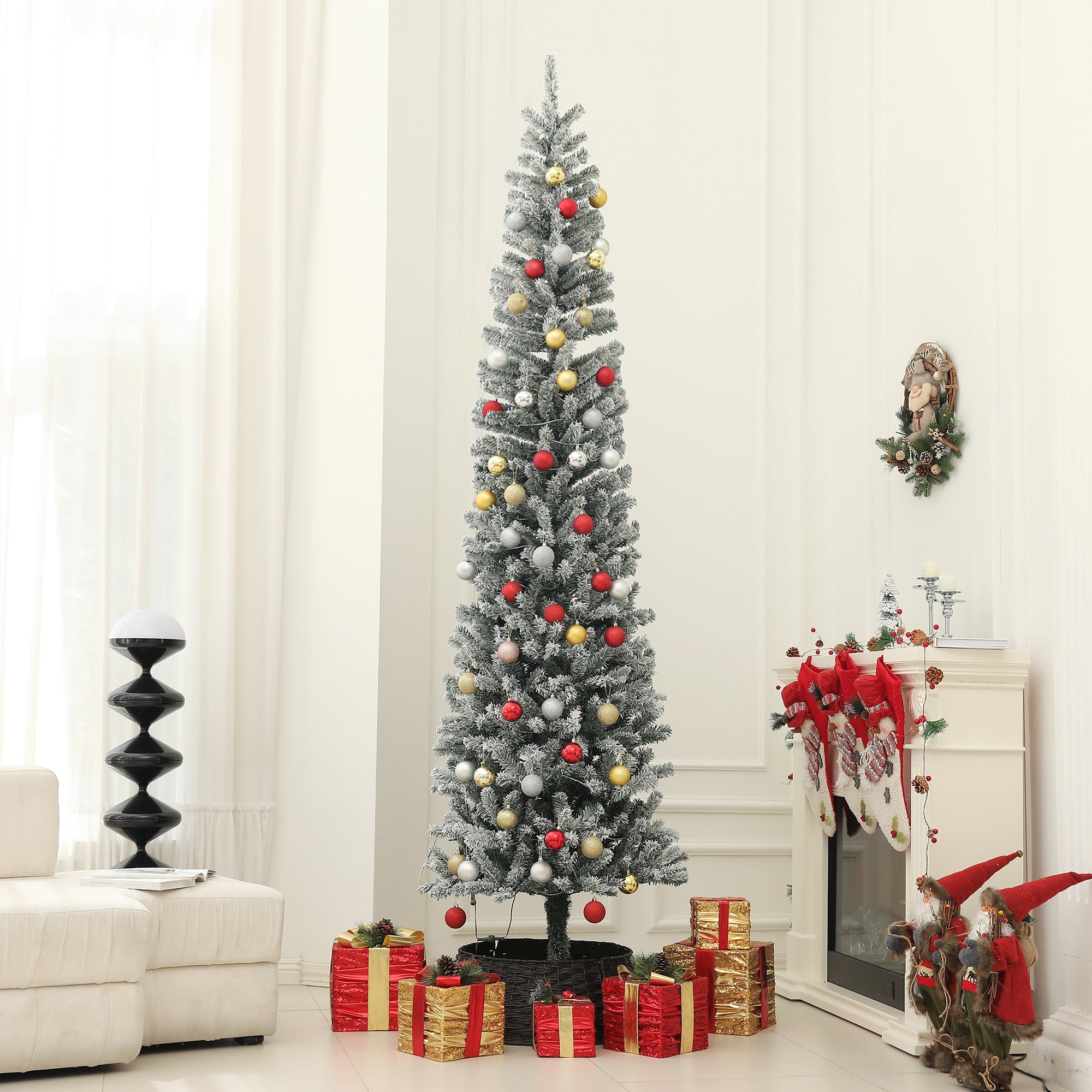 9ft Prelit Pencil Artificial Christmas Tree, Flocked Xmas Tree with Dual Colour LED Lights, 895 Tips and Metal Stand Pre Lit Christmas Trees Green  at Gallery Canada