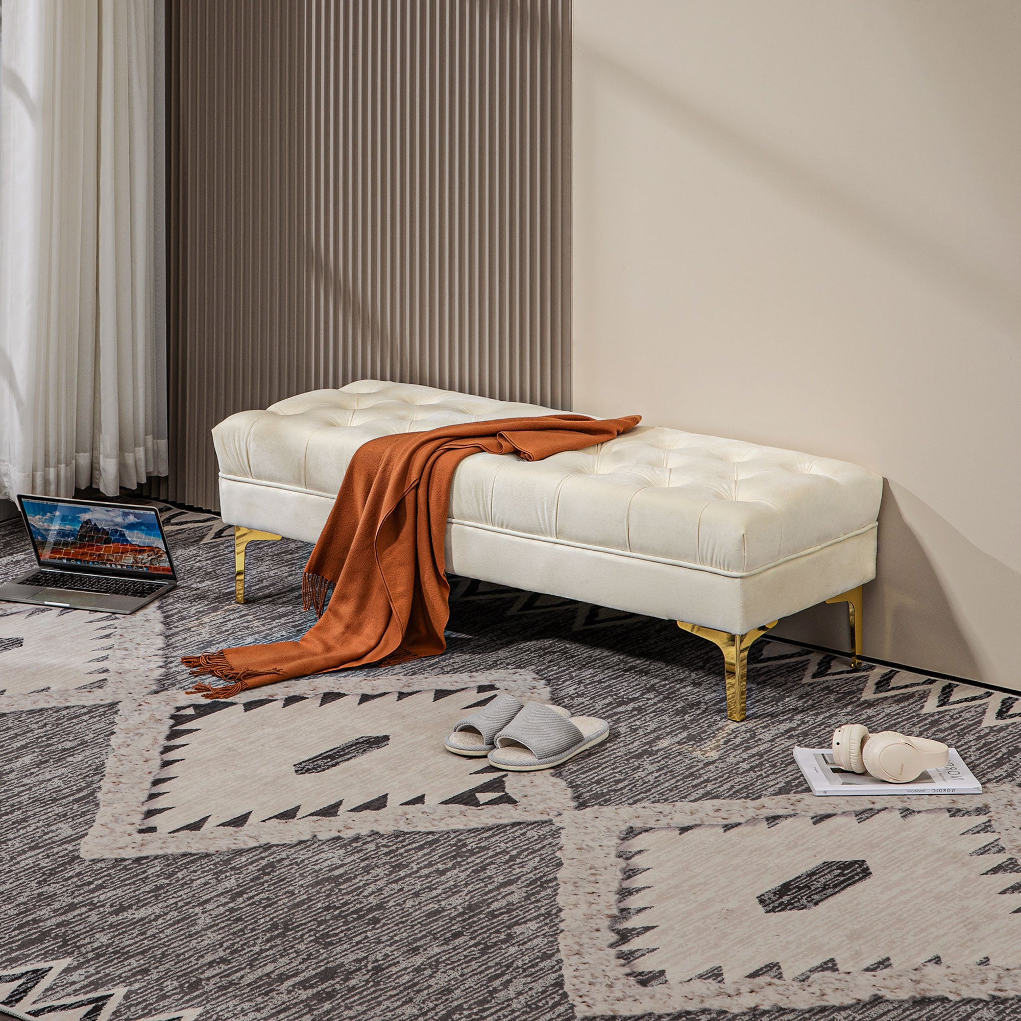 End of Bed Bench, Upholstered Bench, Entryway Shoe Bench with Button Tufted for Living Room, Bedroom, Cream White Storage Ottomans & Benches at Gallery Canada