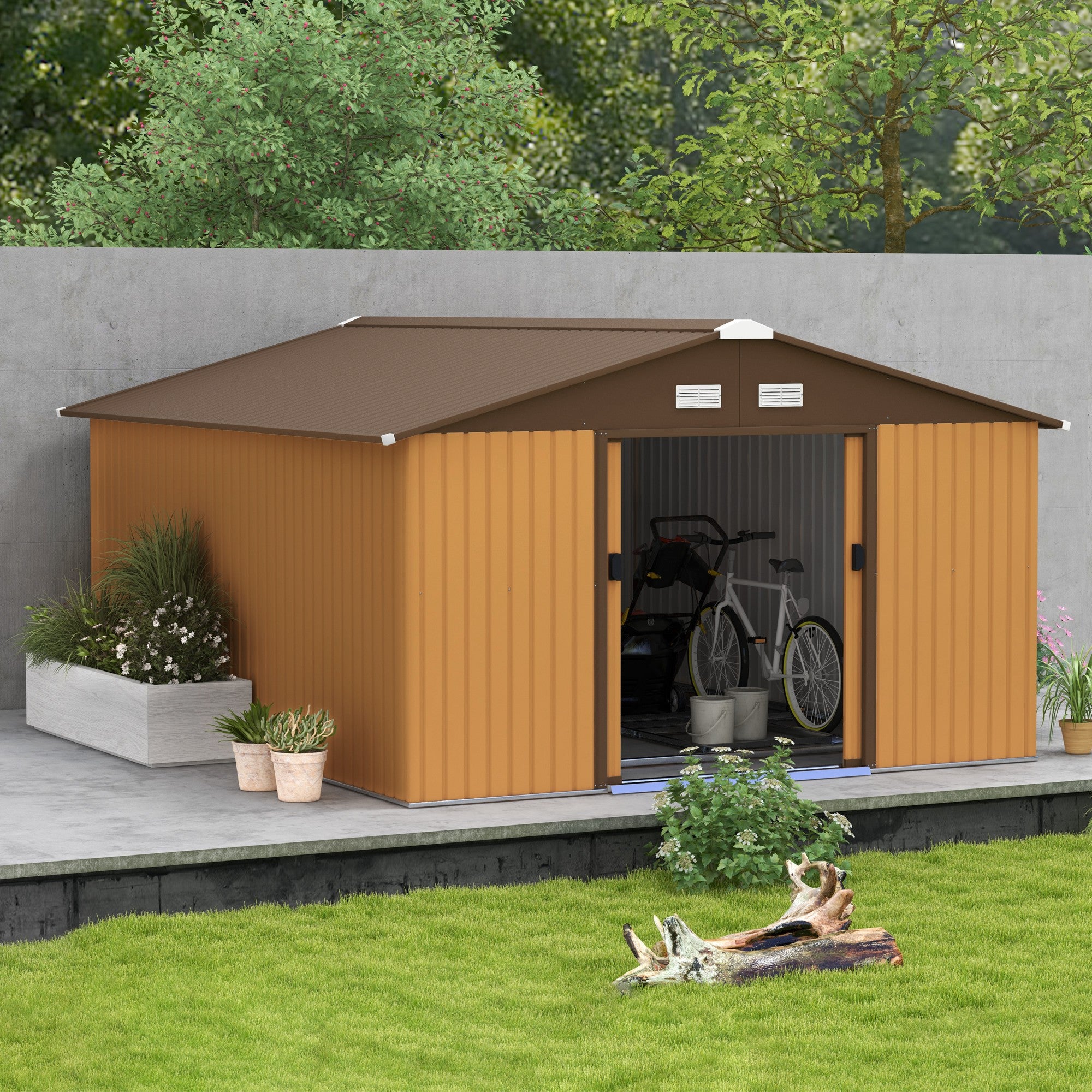 11' x 13'Garden Storage Shed w/ Foundation Kit Metal Tool Storage House w/ Double Doors Yellow Sheds at Gallery Canada