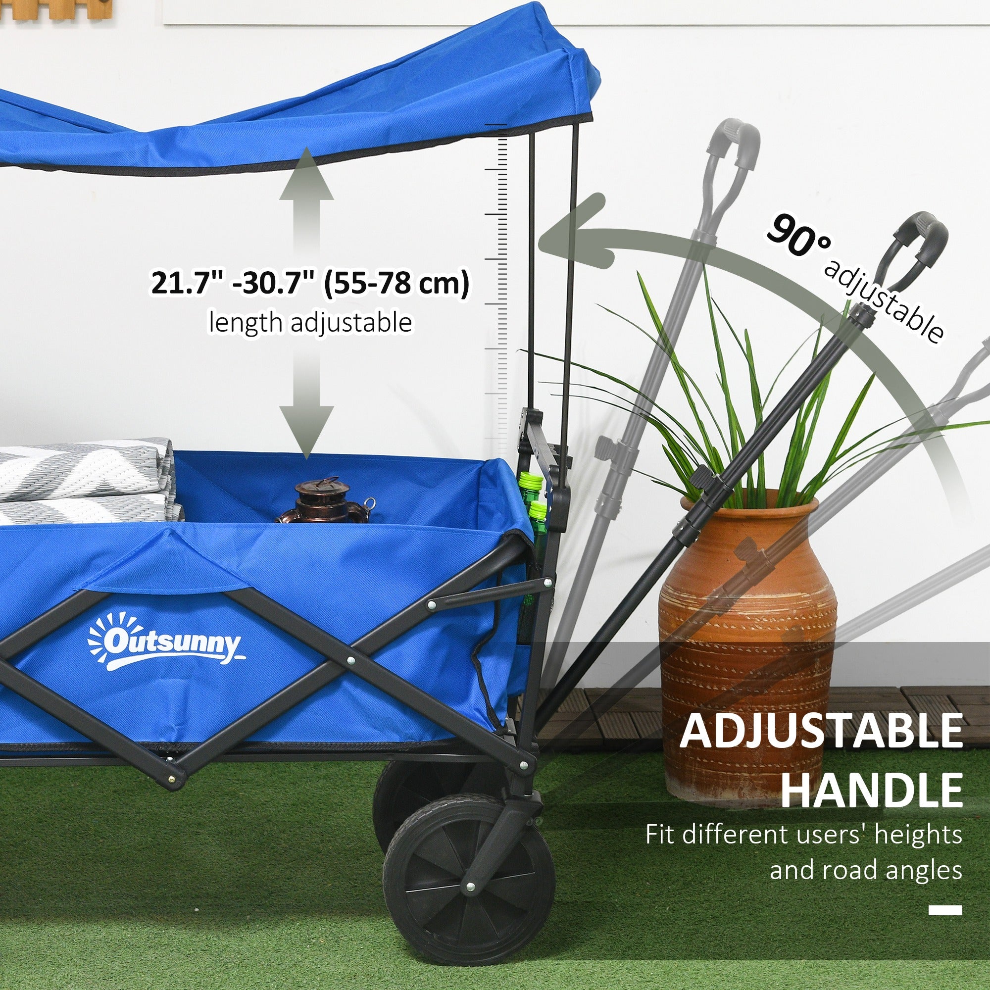 Steel Frame Folding Garden Cart, Collapsible Wagon Cart with Removable Canopy, Telescopic Handle and Carrying Bag, Dark Blue Folding Garden Carts at Gallery Canada