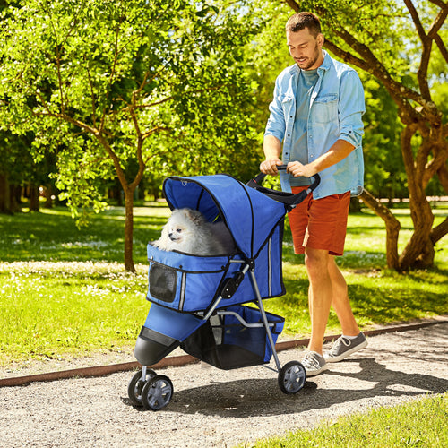 3 Wheels Foldable Dog Stroller with Storage Basket, Adjustable Canopy, Cupholder for Miniature and Small Dogs, Blue