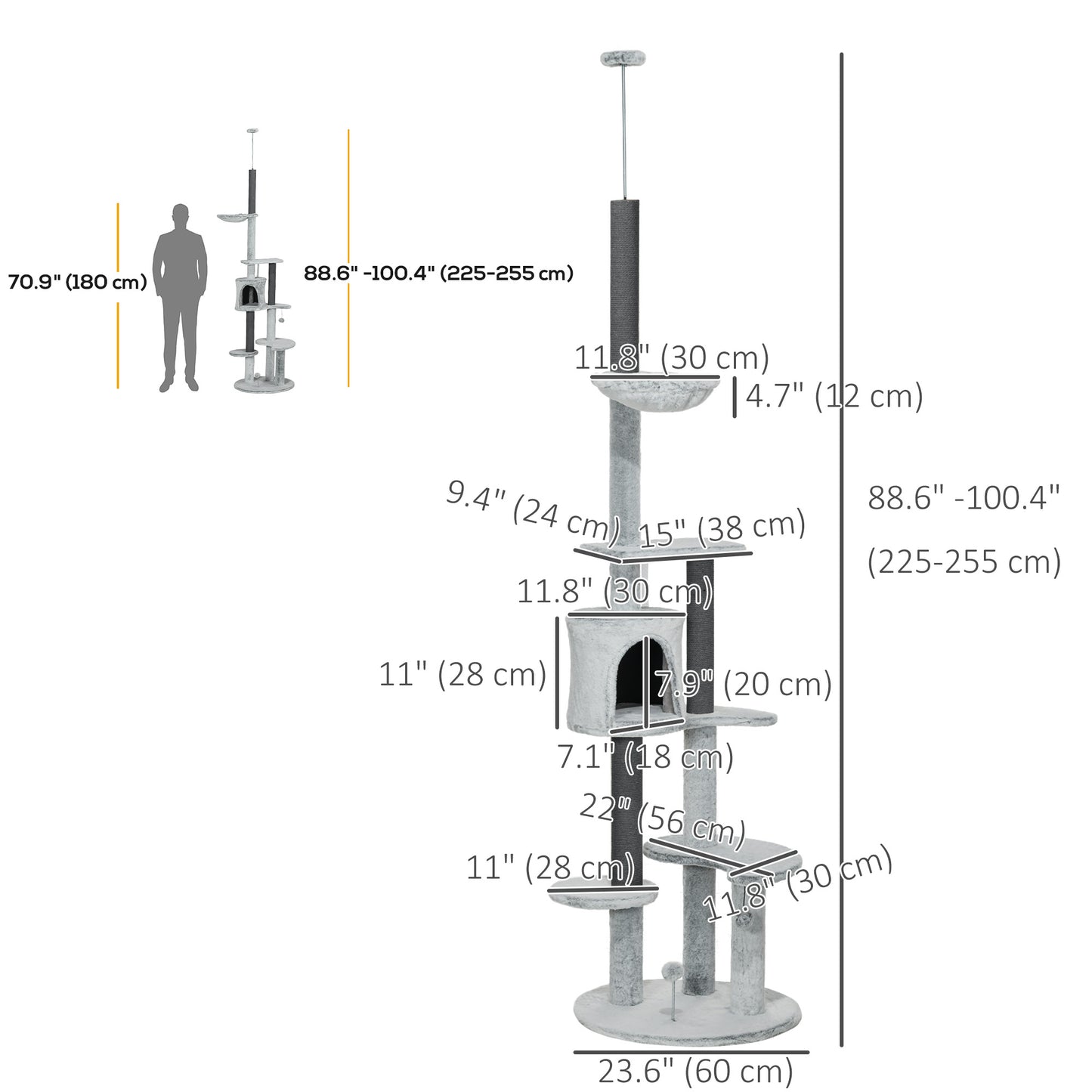 89"-100" Floor to Ceiling Cat Tree w/ Hammock, Scratching Posts, Condo, Perches, Toy Ball, Anti-tip Kit, Grey Floor to Ceiling Cat Trees   at Gallery Canada