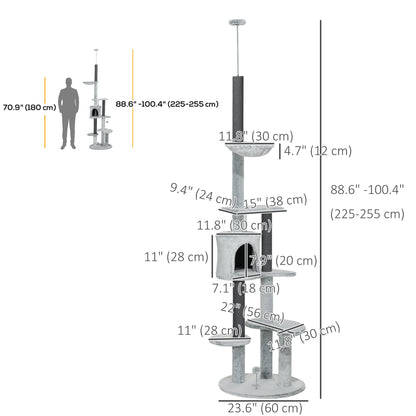 89"-100" Floor to Ceiling Cat Tree w/ Hammock, Scratching Posts, Condo, Perches, Toy Ball, Anti-tip Kit, Grey Floor to Ceiling Cat Trees   at Gallery Canada