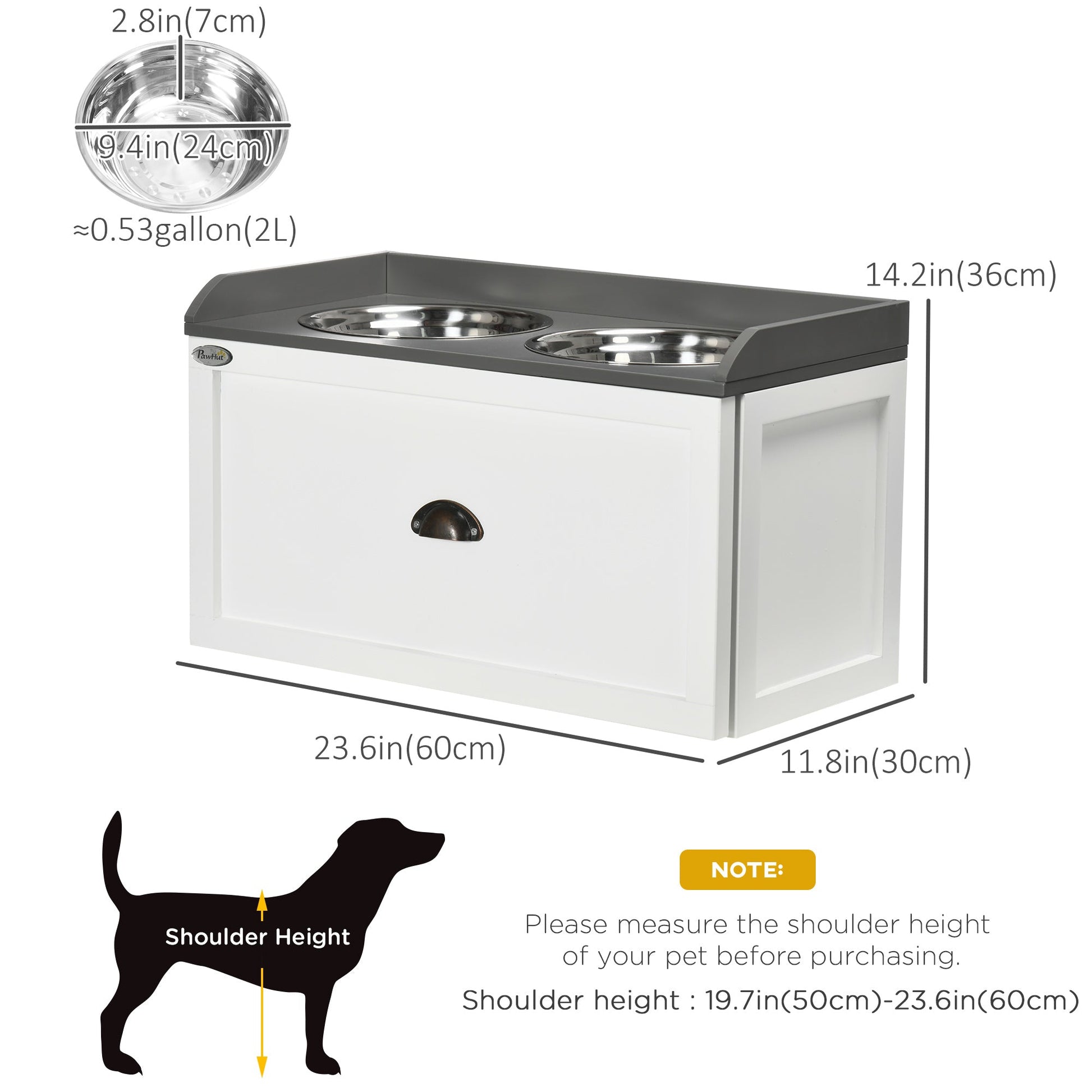 Elevated Dog Bowls Raised Pet Feeding Station with Storage 2 Stainless Steel Bowls, 23.6"x11.8" x14.2", White Dog Bowls   at Gallery Canada