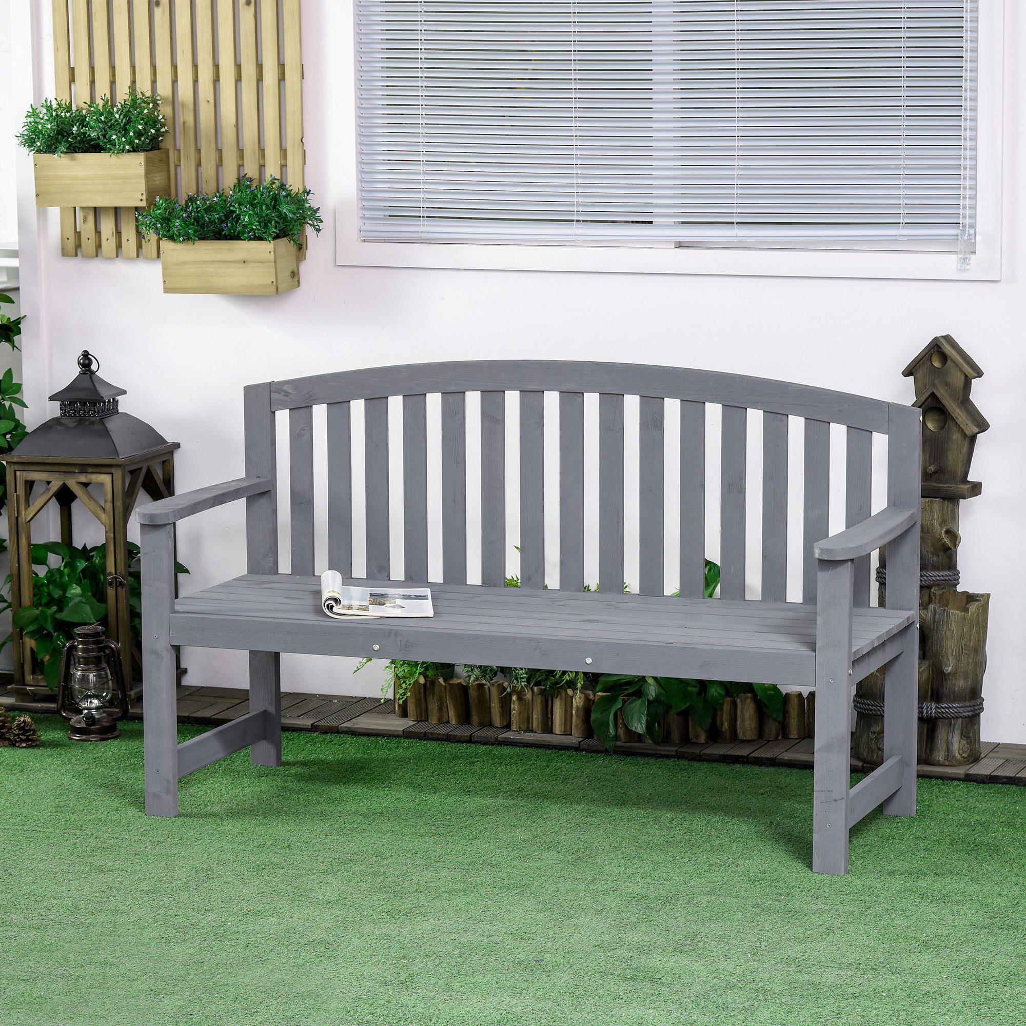 Wooden Bench, Outdoor Bench with Slatted Design, Backrest, Armrests for Garden, Park, Backyard, Grey Outdoor Benches Grey  at Gallery Canada