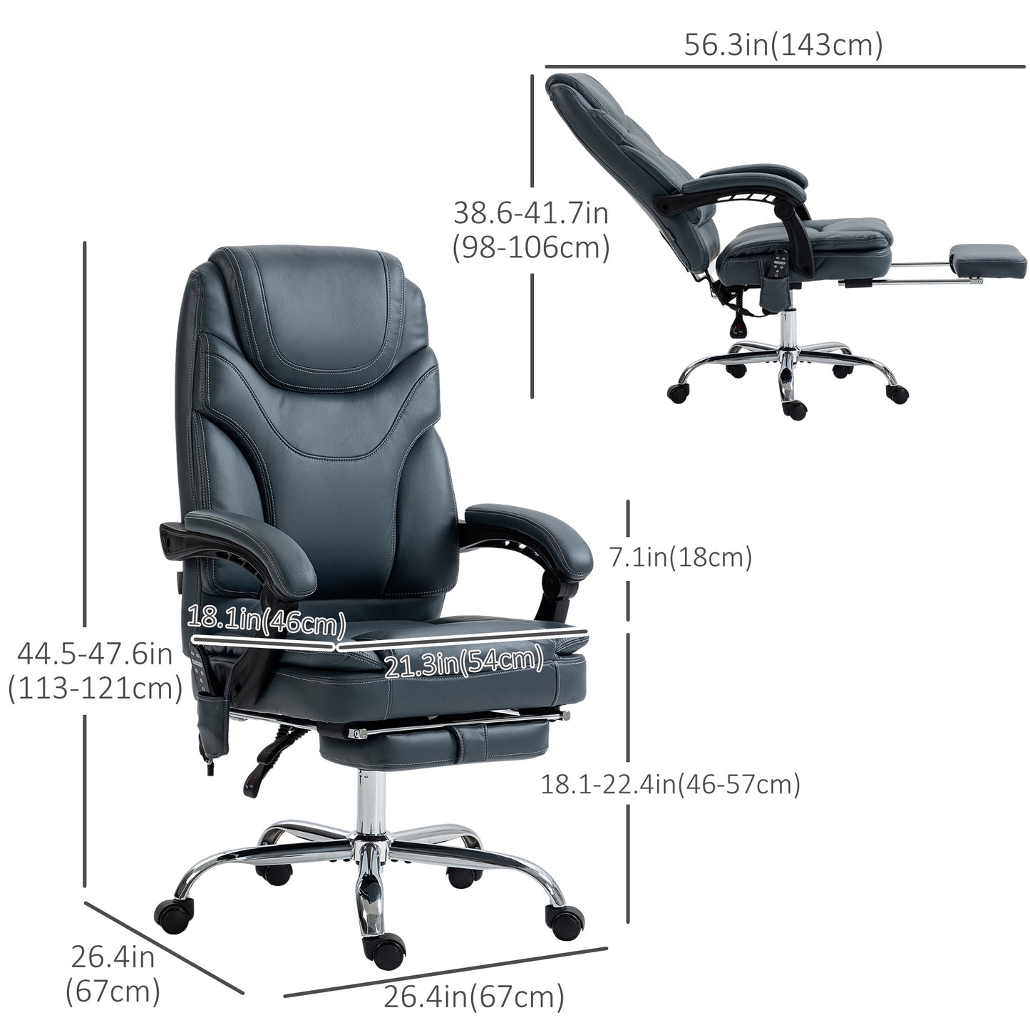 6 Point Vibration Massage Office Chair, PU Leather Heated Reclining Computer Chair with Footrest, Grey Massage Chairs   at Gallery Canada