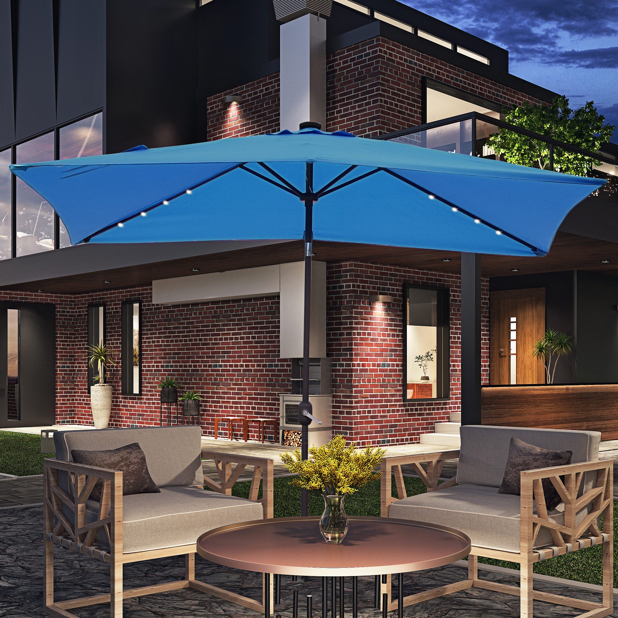 6' x 10' Patio Umbrella with 22 LED Solar Lights and Tilt, Rectangular Outdoor Table Umbrella with Crank, Light Blue Sun Umbrellas at Gallery Canada