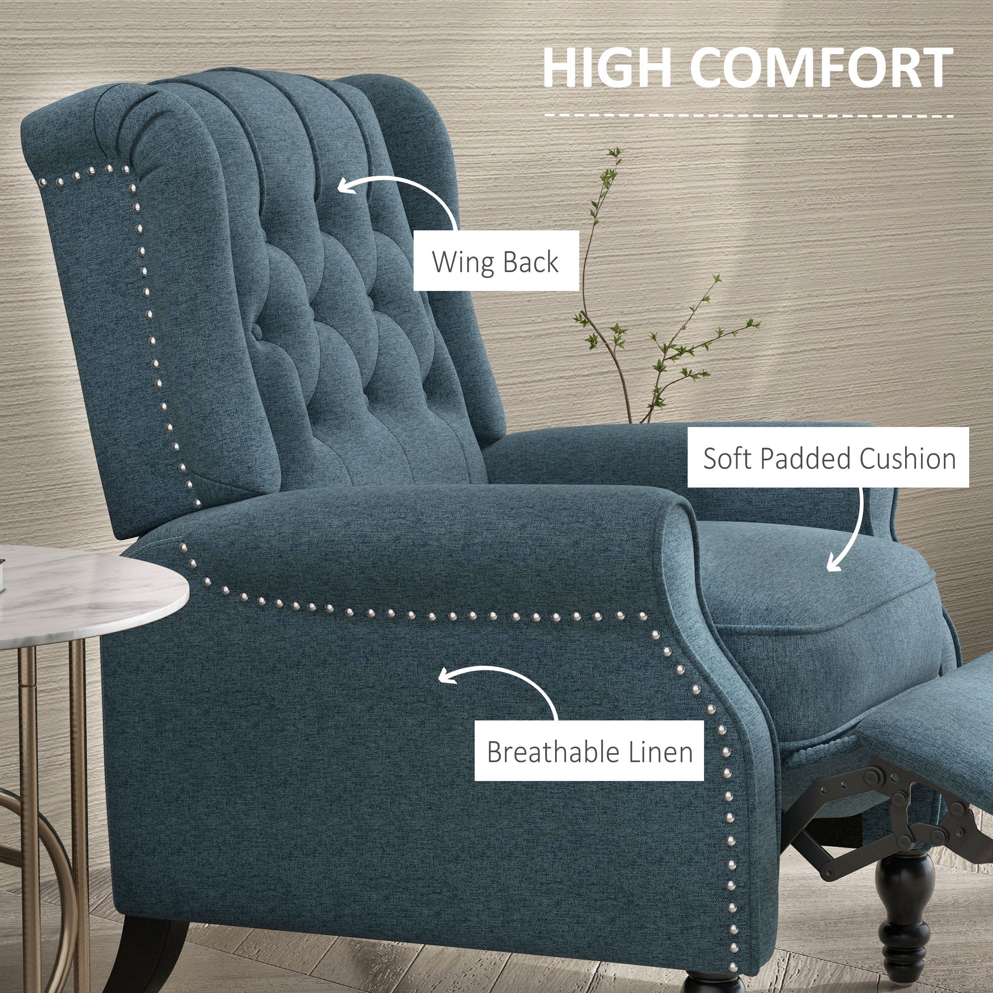 Wingback Reclining Chair with Footrest, Button Tufted Recliner Chair with Rolled Armrests for Living Room, Blue Single Sofas   at Gallery Canada