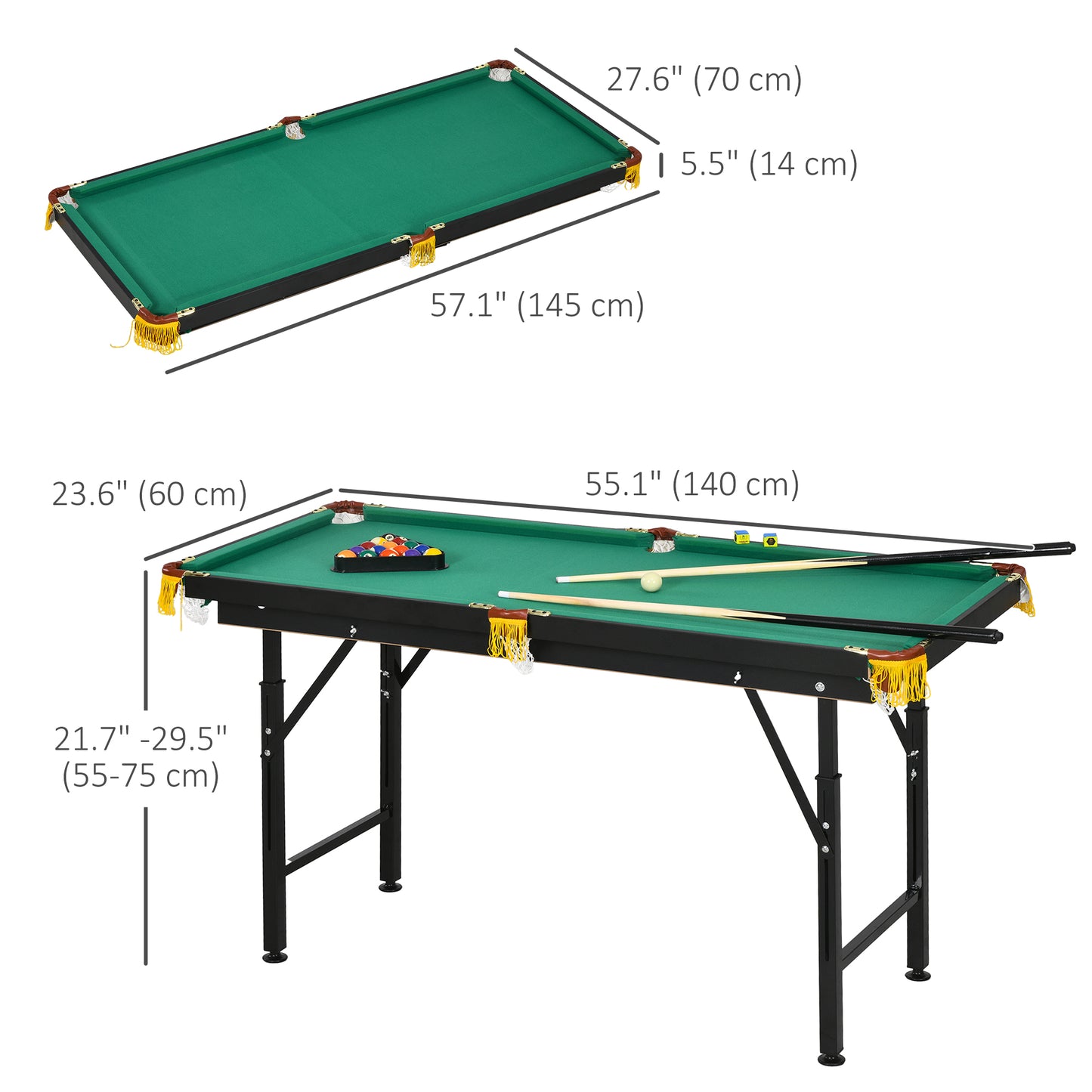 55" Pool Table Set Folding Billiard Table with Adjustable Height, 2 Cues, 16 Balls, 2 Chalks, Triangle, Brush, Green Game Tables   at Gallery Canada