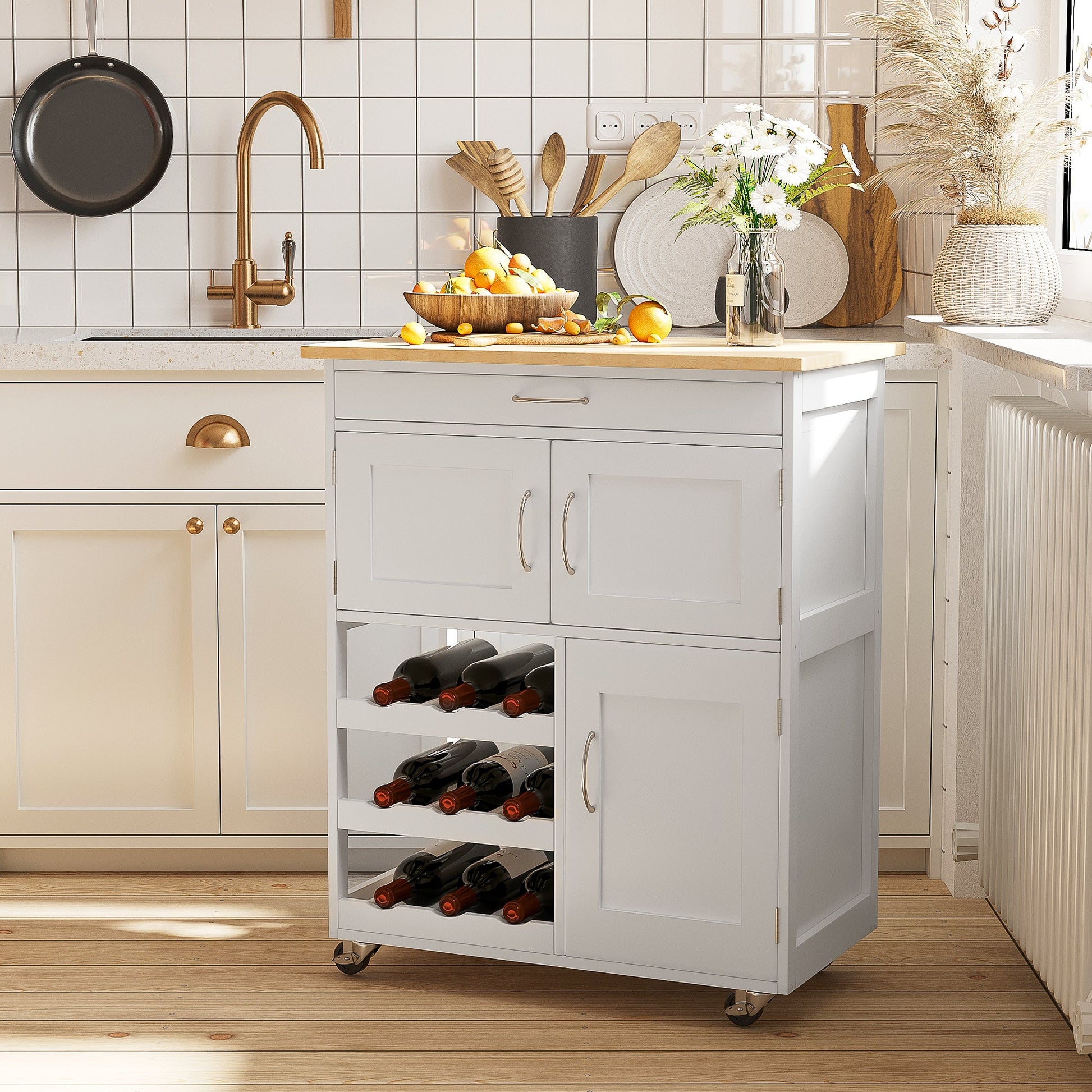 Rolling Kitchen Cart, Kitchen Island with Storage Drawer, 9-bottle Wine Rack, Door Cabinets, Wooden Countertop, White Kitchen Islands & Kitchen Carts   at Gallery Canada