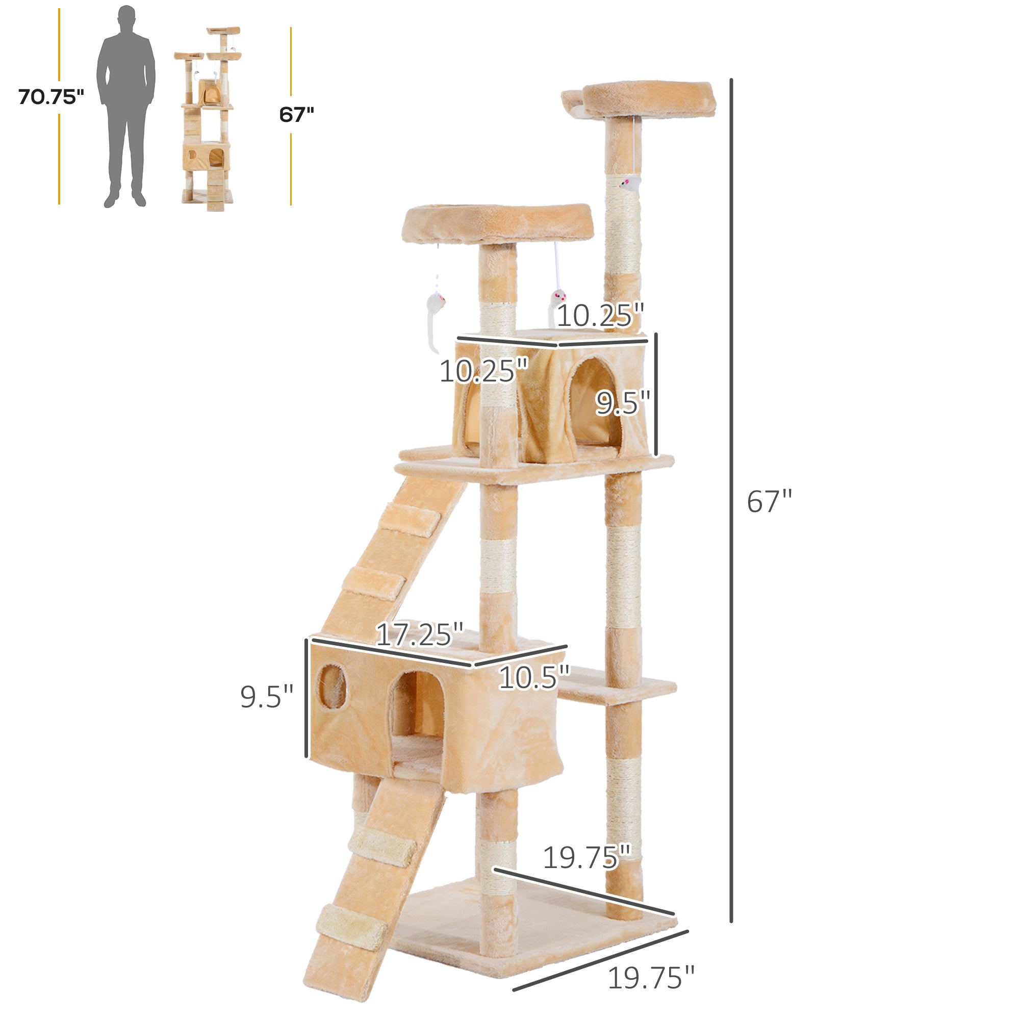 67-inch Multi-Level Cat Scratching Tree Kitty Activity Center Post Tower Condo Pet Furniture w/ Toy Beige Cat Towers   at Gallery Canada