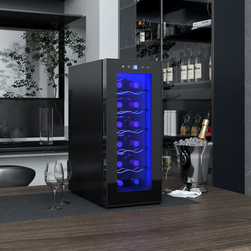 Wine Fridge, 12 Bottle, Under Counter Drinks Beer Wine Cooler with Glass Door, LED Light, Temperature Control