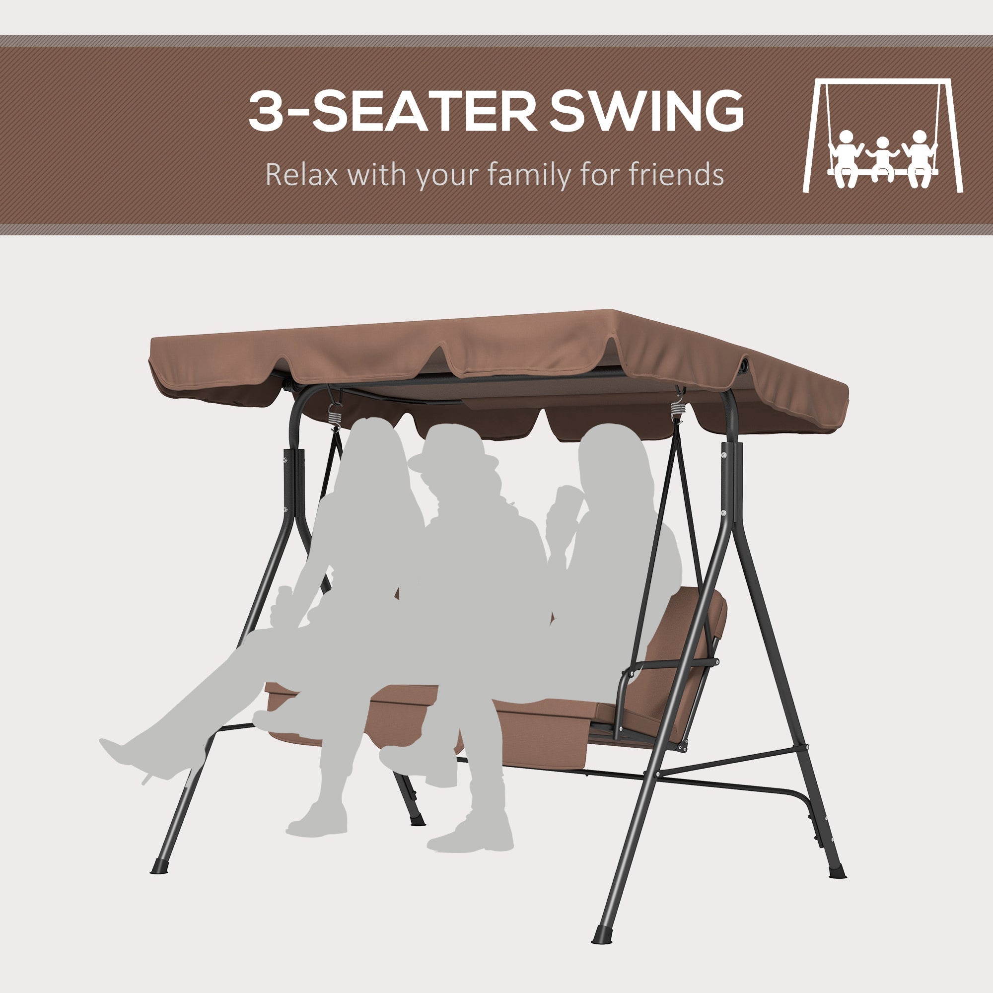 3-Seater Outdoor Porch Swing with Adjustable Canopy, Patio Swing Chair for Garden, Poolside, Backyard, Brown Patio Swings with Stand   at Gallery Canada