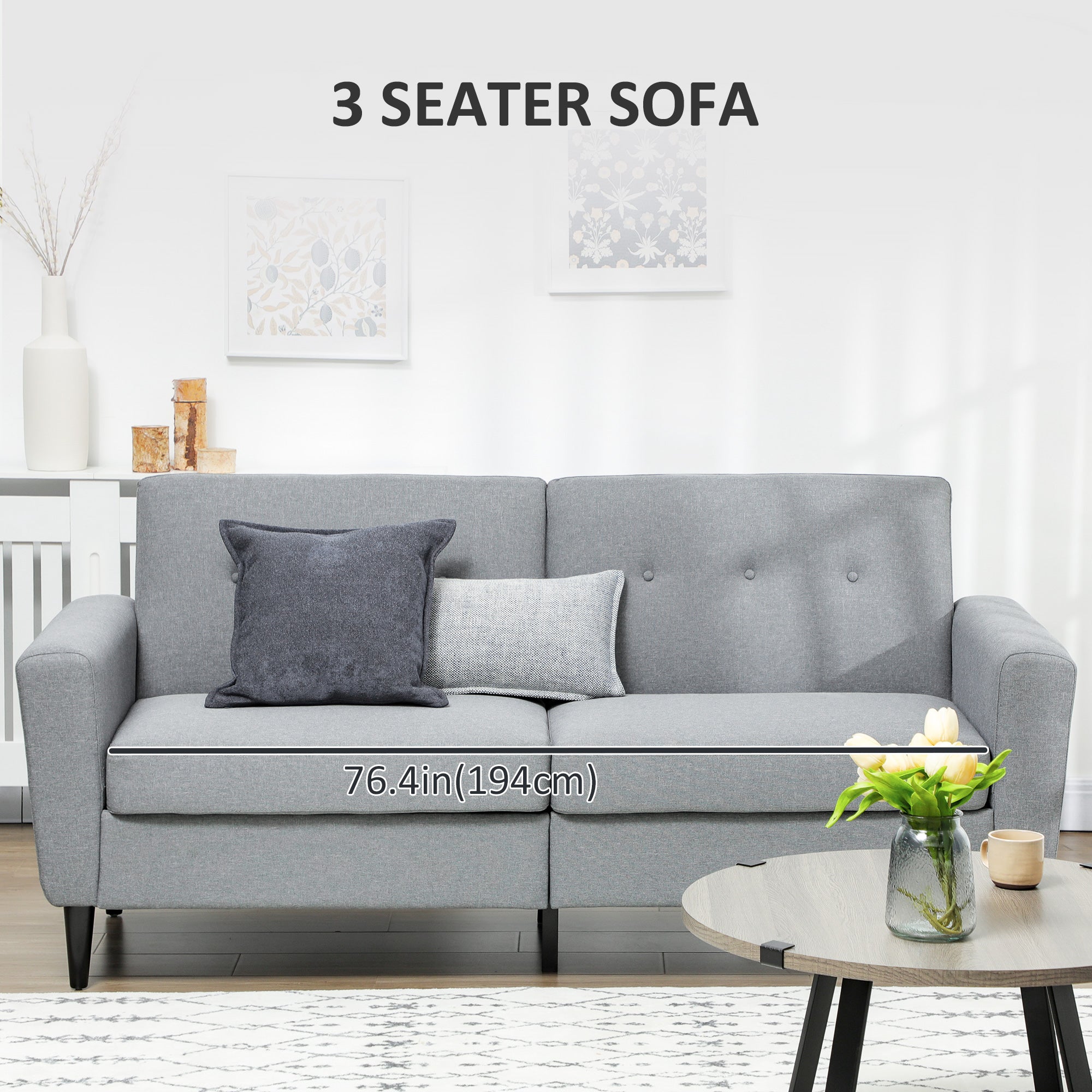 3 Seater Sofa, Upholstered Couch for Bedroom, Modern Sofa Settee with Padded Cushion, Button Tufting and Wood Legs for Living Room, Grey 3-Seater Sofas   at Gallery Canada