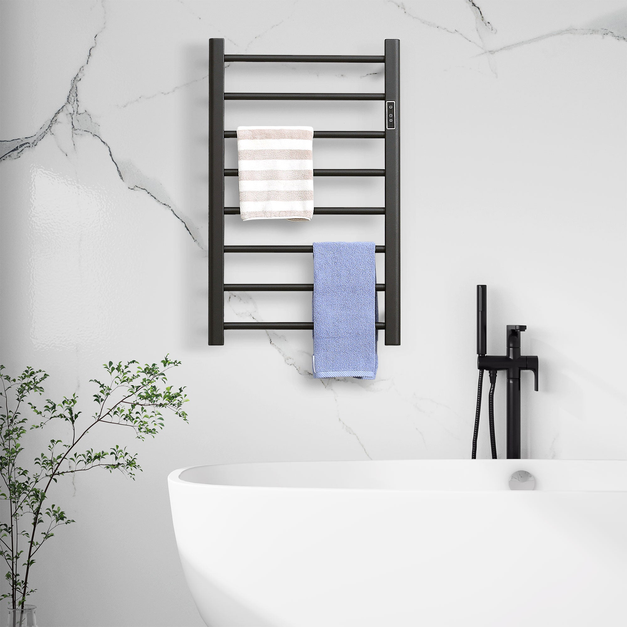 8-Bar Bathroom Heated Towel Rail with Built-in Timer and Led Indicators, Wall Mounted &; Free Standing Carbon Steel Electric Towel Warmer Towel Drying Rack, Plug-in, Black Bath Accessories at Gallery Canada
