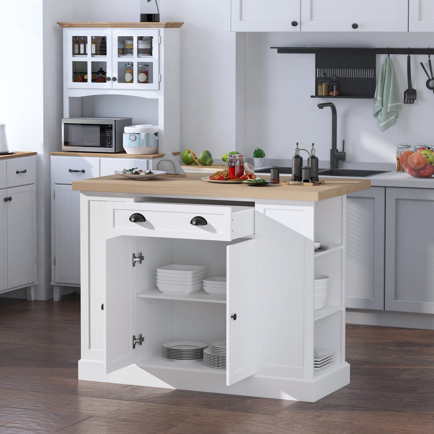 36" Fluted-Style Wooden Kitchen Island with Storage Cabinet and Drawer, Butcher Block Island for Dining Room, White Kitchen Islands & Kitchen Carts   at Gallery Canada