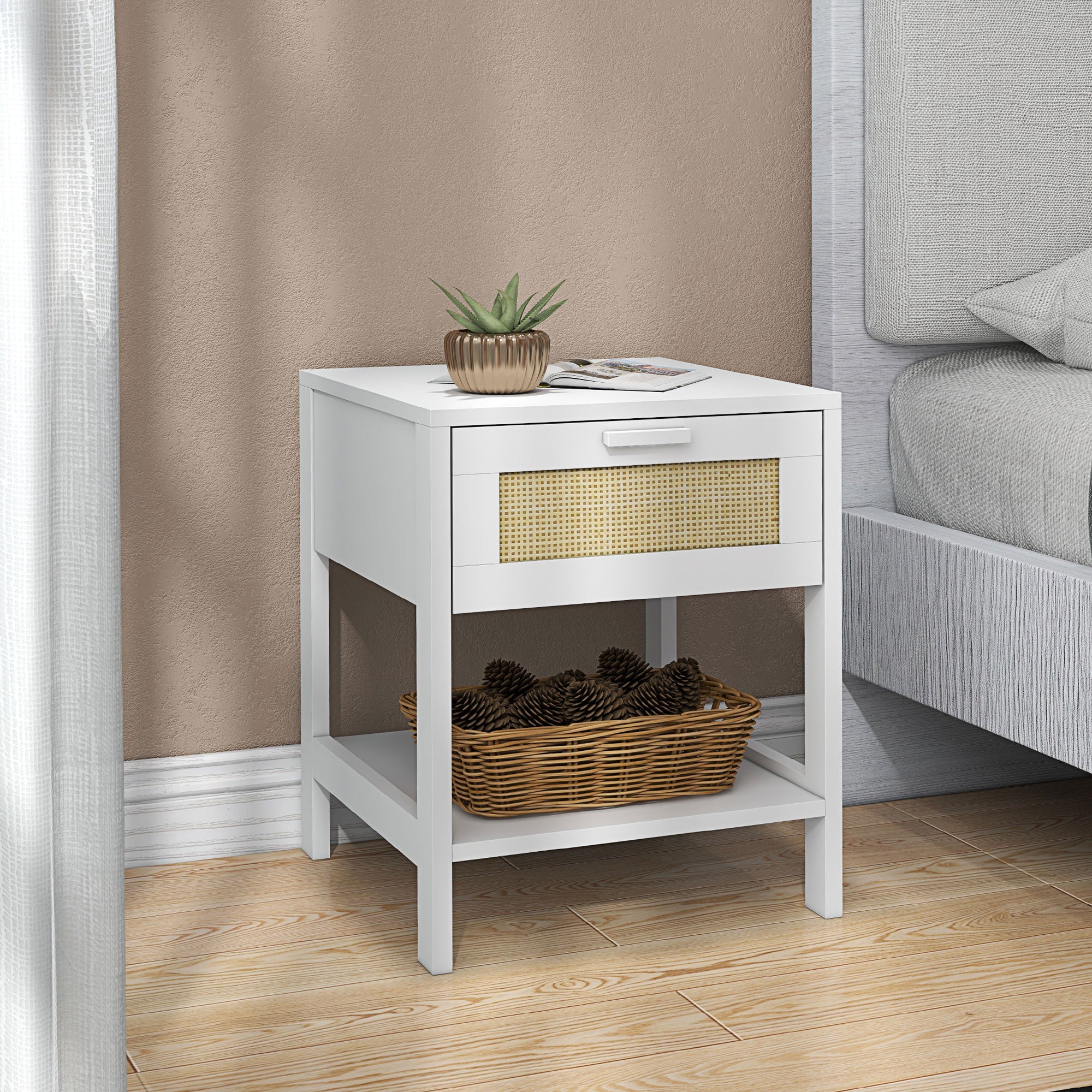 Modern Bedside Table, Accent Nightstand with Drawer and Open Shelf, Bed End Table for Bedroom, Living Room, White Bedside Tables White  at Gallery Canada