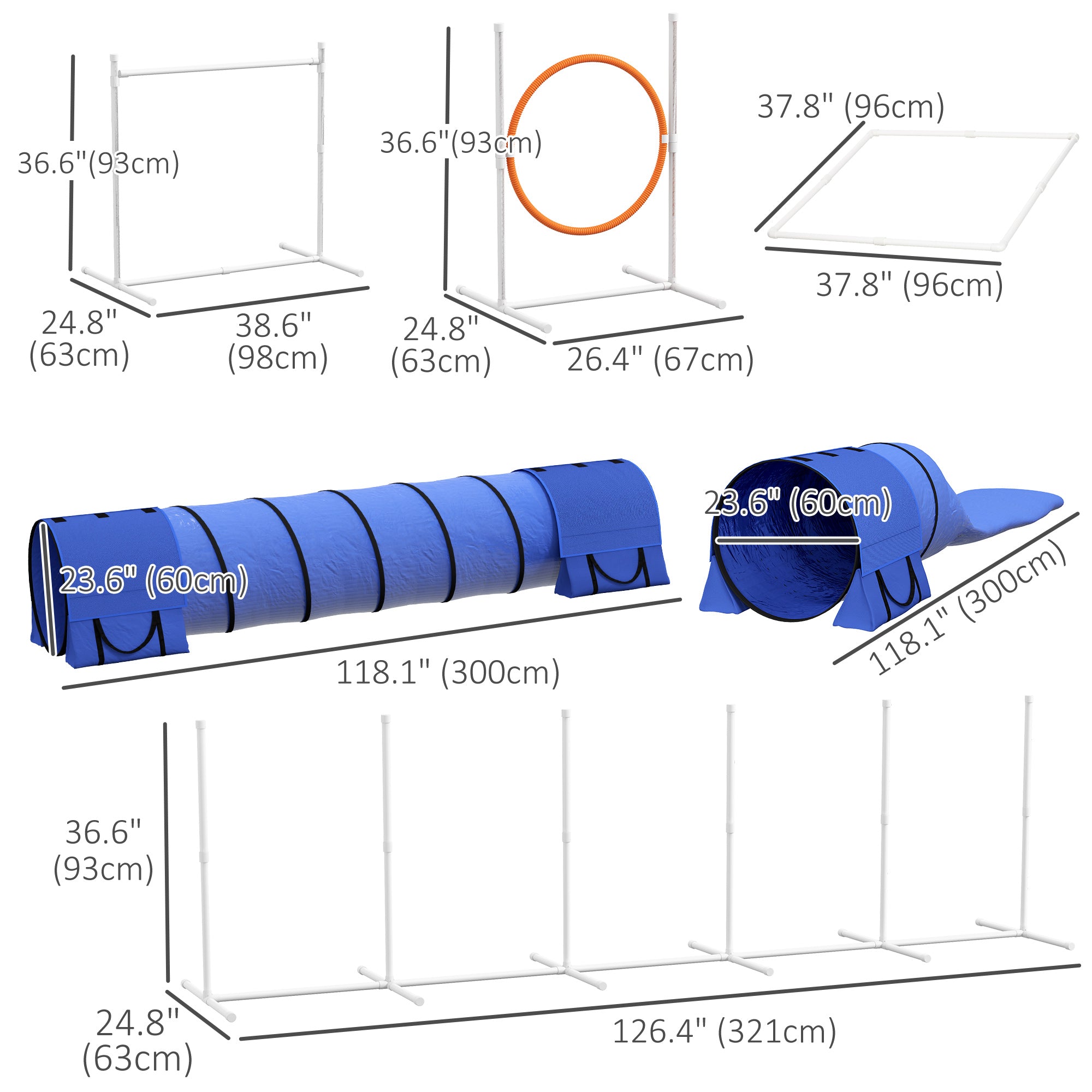 7 Pcs Dog Agility Kit w/ Tunnels, Weave Poles, Adjustable Hurdles, Jump Ring, Pause Box, Whistle, Carry Bag, Blue Dog Agility Training Equipment at Gallery Canada