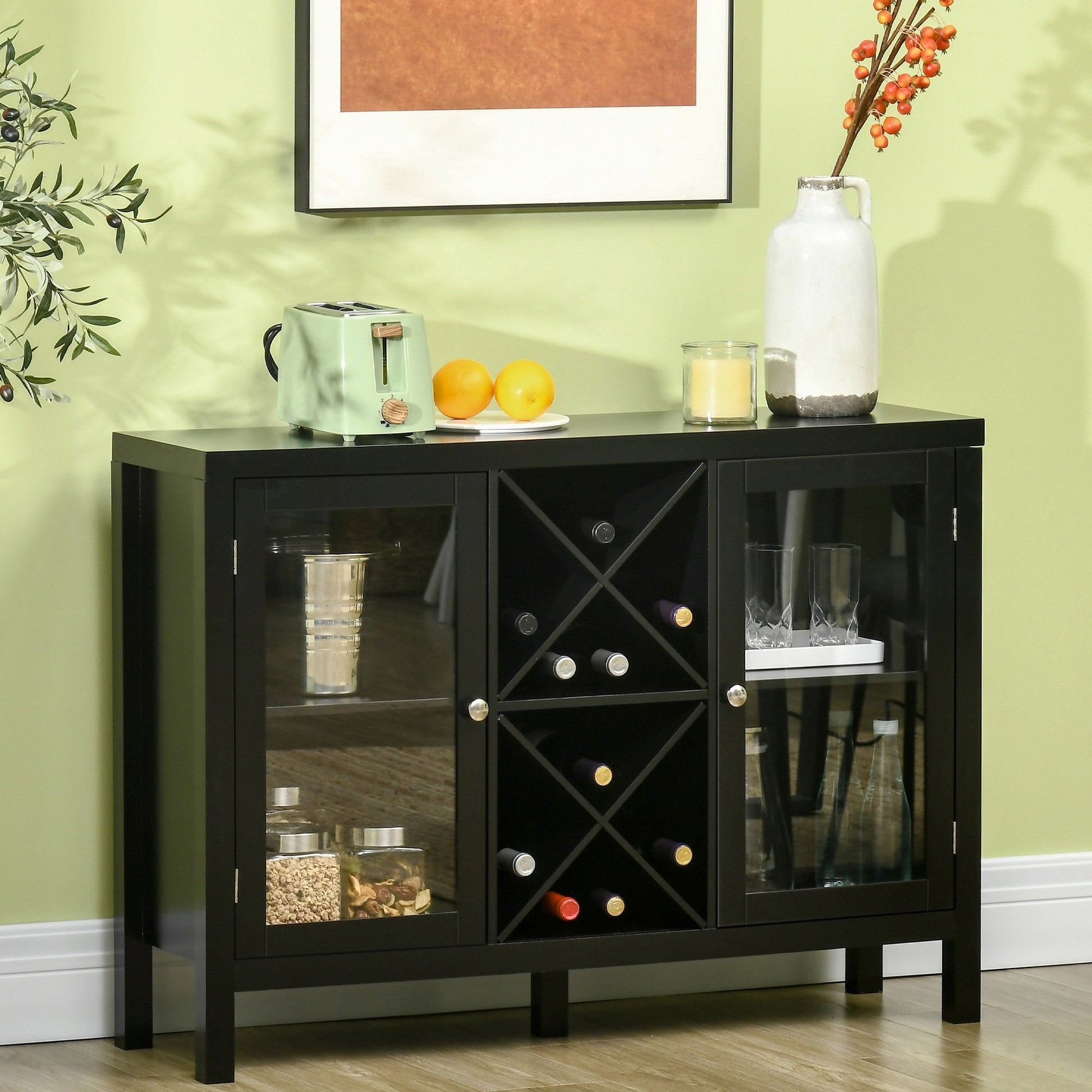 Modern Kitchen Sideboard Buffet with Wine Rack, Glass Doors, Adjustable Shelves, Black Bar Cabinets   at Gallery Canada