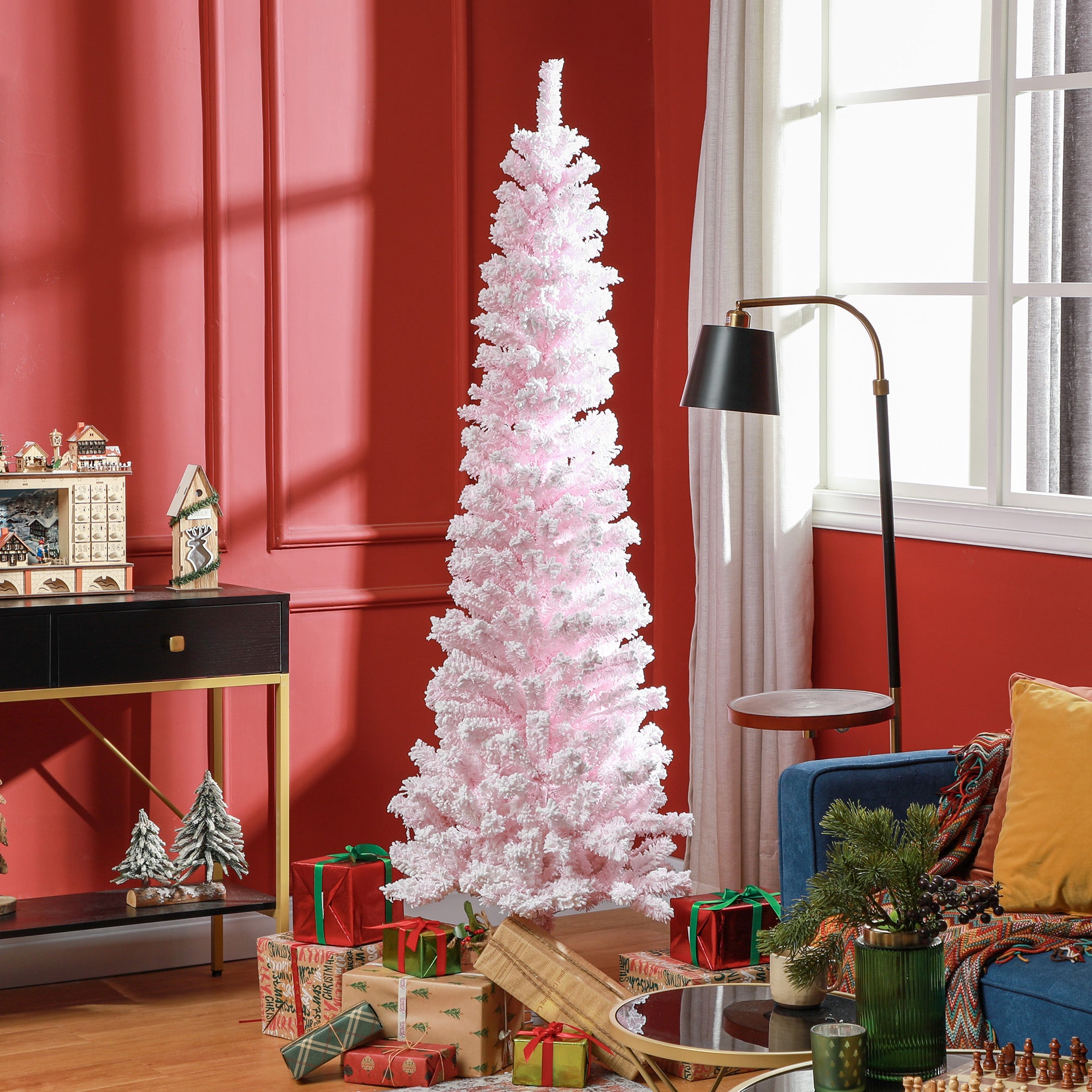 6ft Flocked Christmas Tree, Pencil Christmas Tree with Realistic Branch Tips, Folding Metal Stand, Pink Pencil Christmas Trees   at Gallery Canada