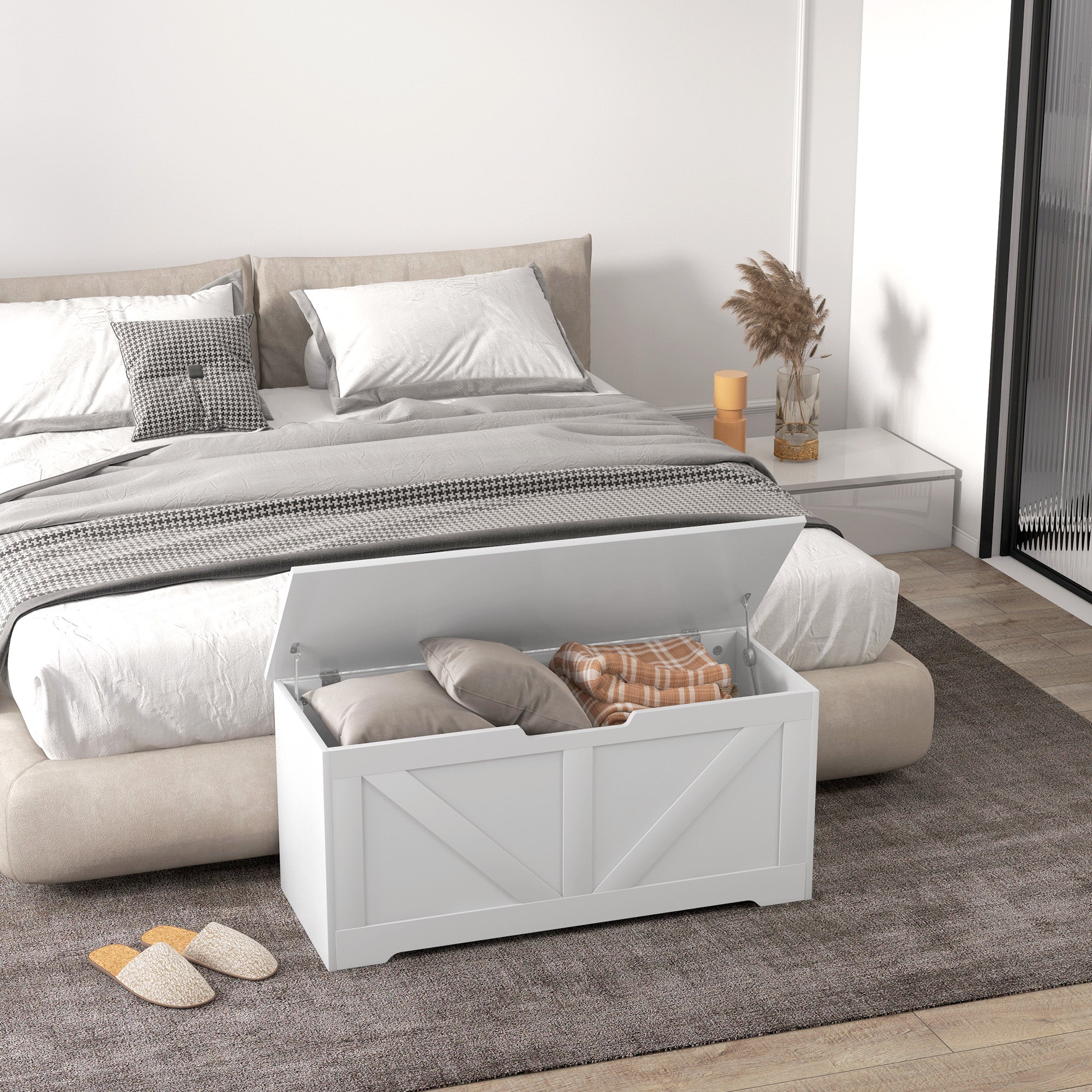 39.4 Inches Storage Chest, Storage Trunk with 2 Safety Hinges, Wooden Box for Living Room, White Wood Grain Storage Cabinets at Gallery Canada