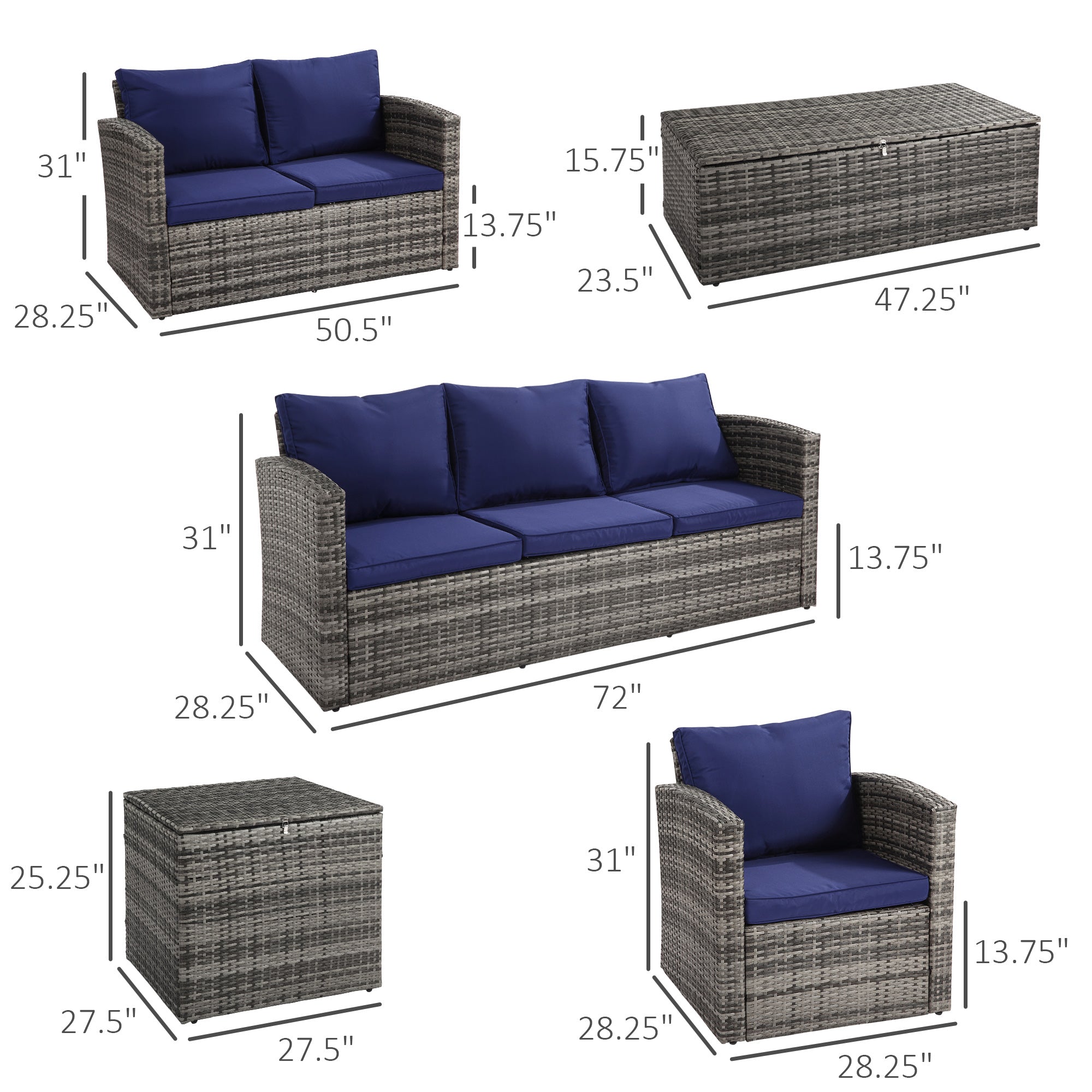 6 Piece Patio Furniture Set, Rattan Wicker Patio Sofa Set Sectional Outdoor Conversation Sofa Set Storage Table &; Cushions, Navy Blue Patio Furniture Sets at Gallery Canada