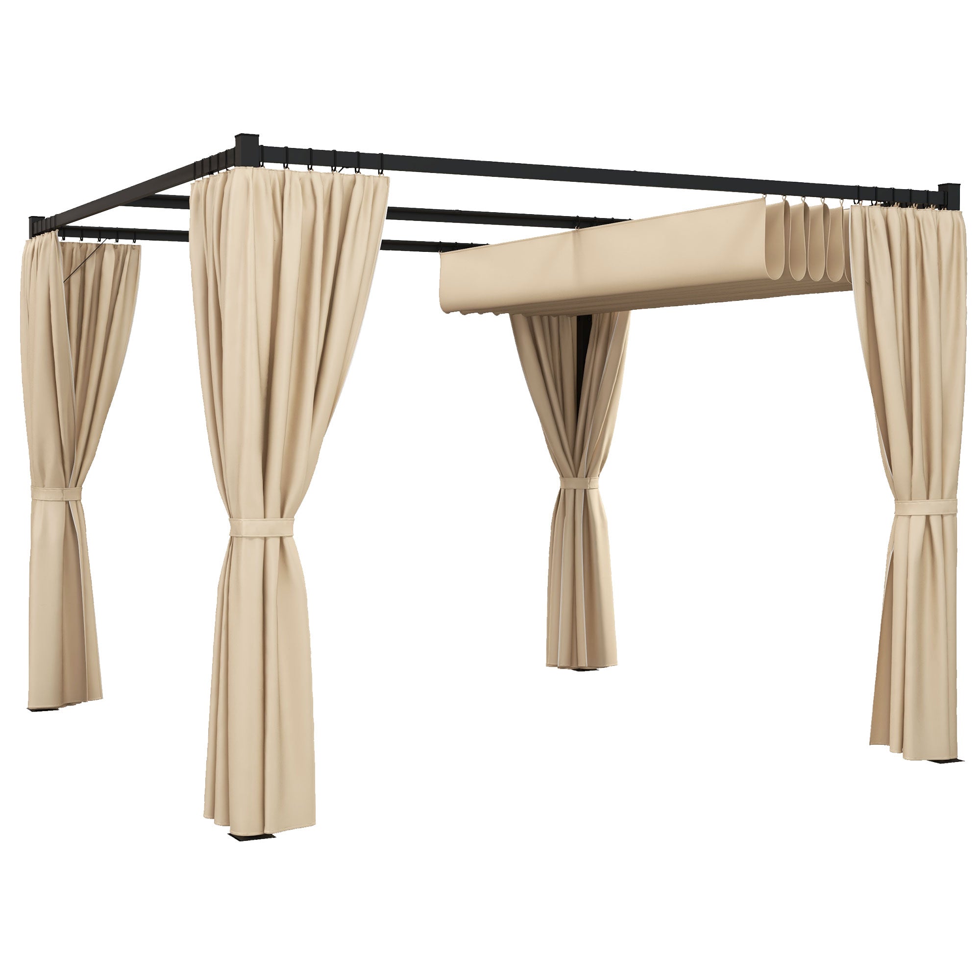 10' x 10' Retractable Pergola, Garden Gazebo Shelter with Curtains, for Grill, Patio, Deck, Beige Pergolas at Gallery Canada
