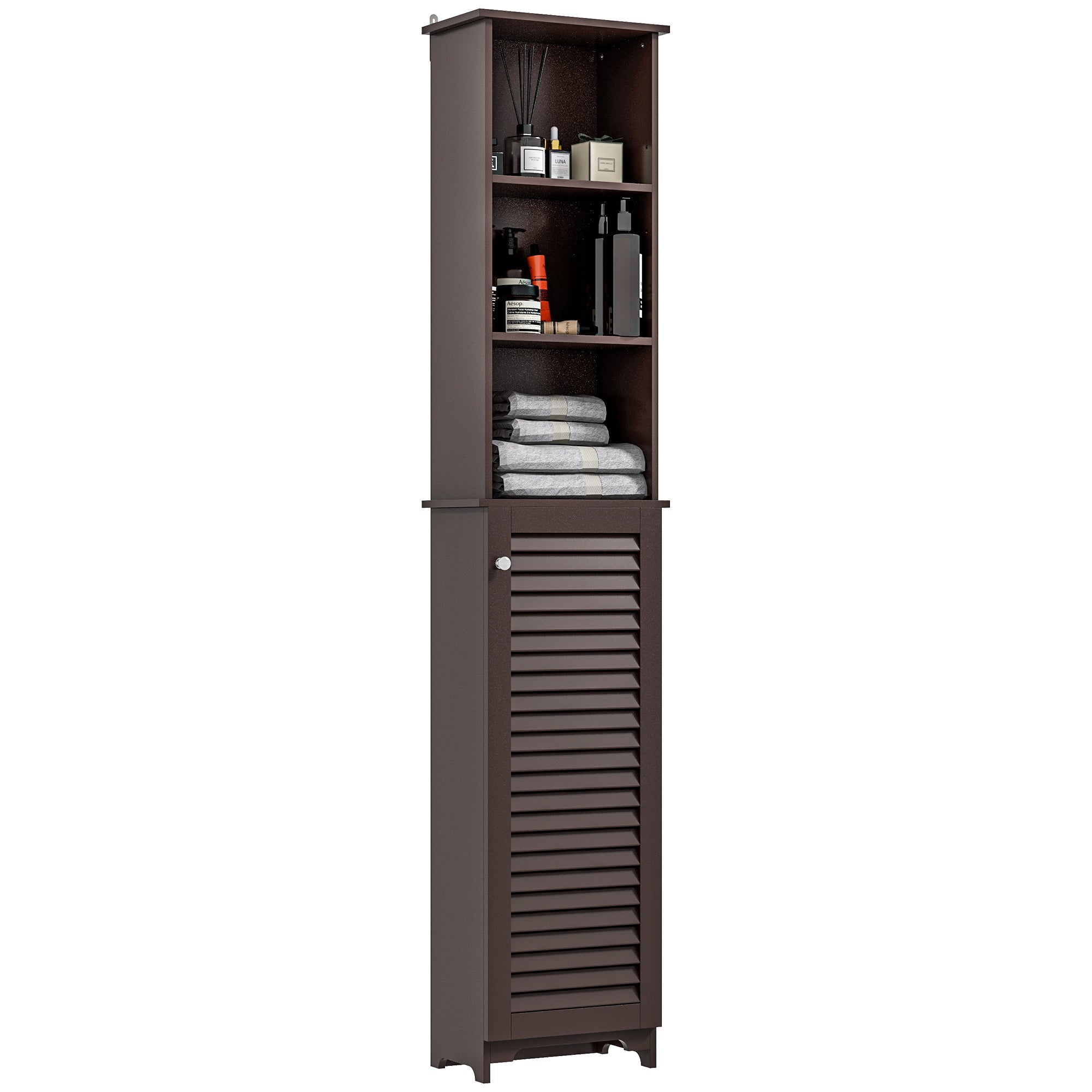 Tall Bathroom Storage Cabinet, Freestanding Linen Tower with 3-Tier Open Adjustable Shelf and Cupboard, Dark Brown Bathroom Cabinets   at Gallery Canada