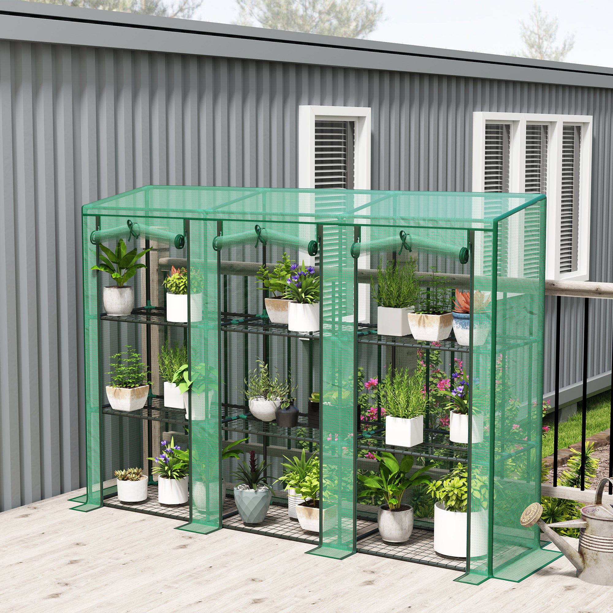 Lean-to Greenhouse with 3 Tier Shelves, Mini Greenhouse with 3 Roll-Up Doors for Indoor Outdoor, Green Greenhouses at Gallery Canada