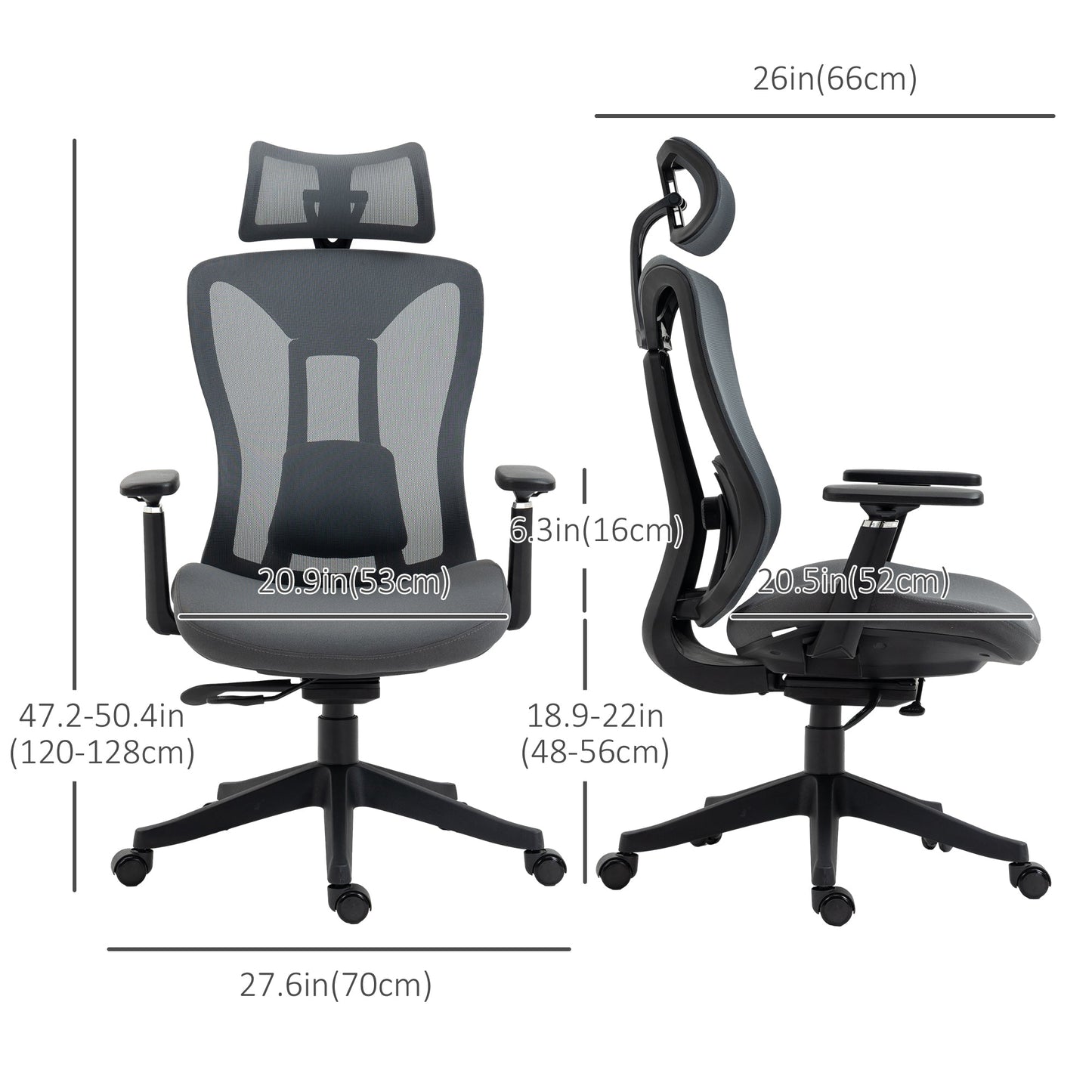 High Back Office Chair, Mesh Computer Desk Chair with Adjustable Headrest, Lumbar Support, 3D Armrest, Reclining Back, Sliding Seat, Grey - Gallery Canada