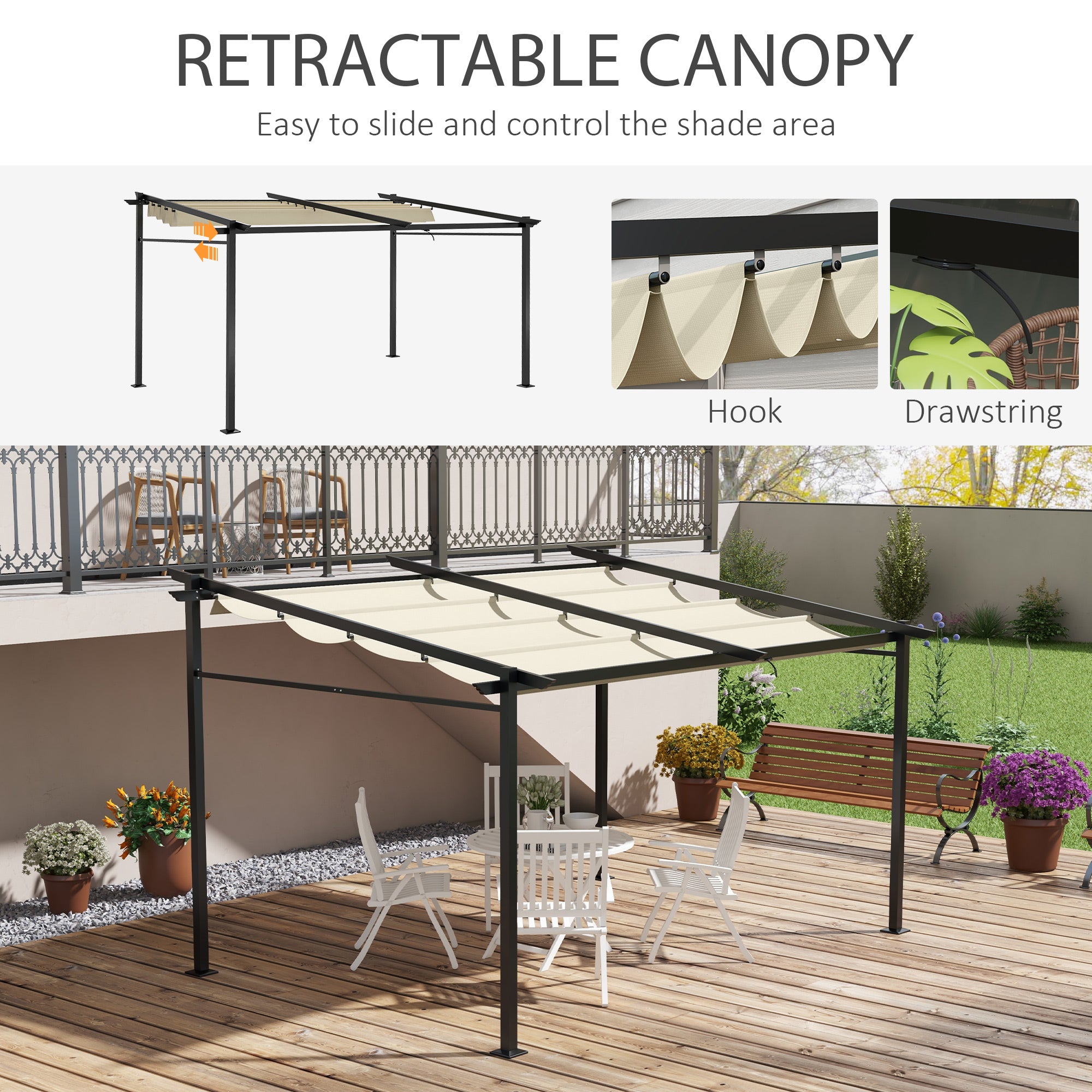Metal Pergola with Sliding Roof Canopy, Retractable Pergola Canopy, 10' x 13', Beige Pergolas at Gallery Canada