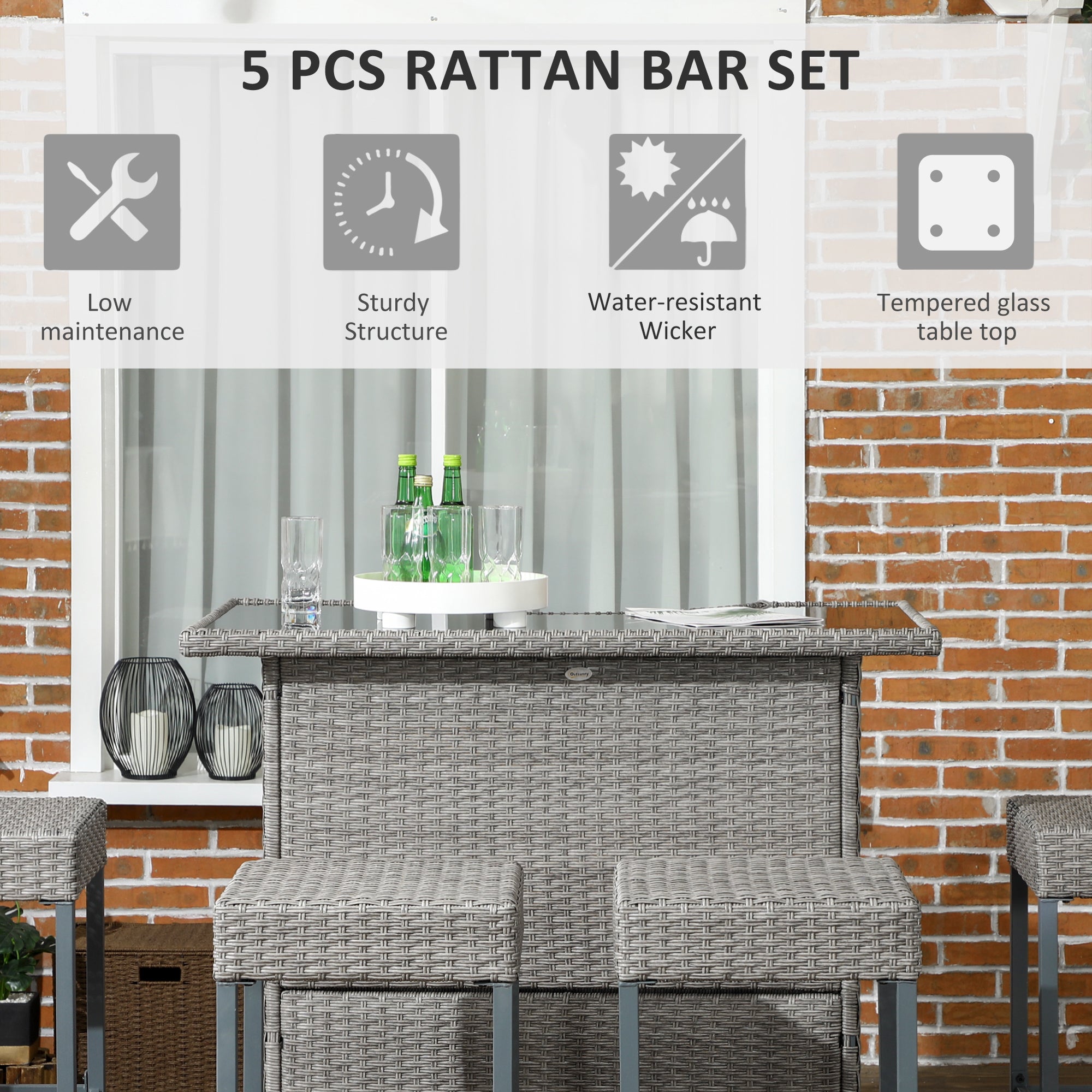 5 Pieces Patio Bar Set, Outdoor PE Rattan Wicker High Top Outdoor Table and Chairs Outdoor Bar Set with Tempered Glass Top Bar Table and Shelves, 4 Bar Chairs, Grey Bistro Sets at Gallery Canada
