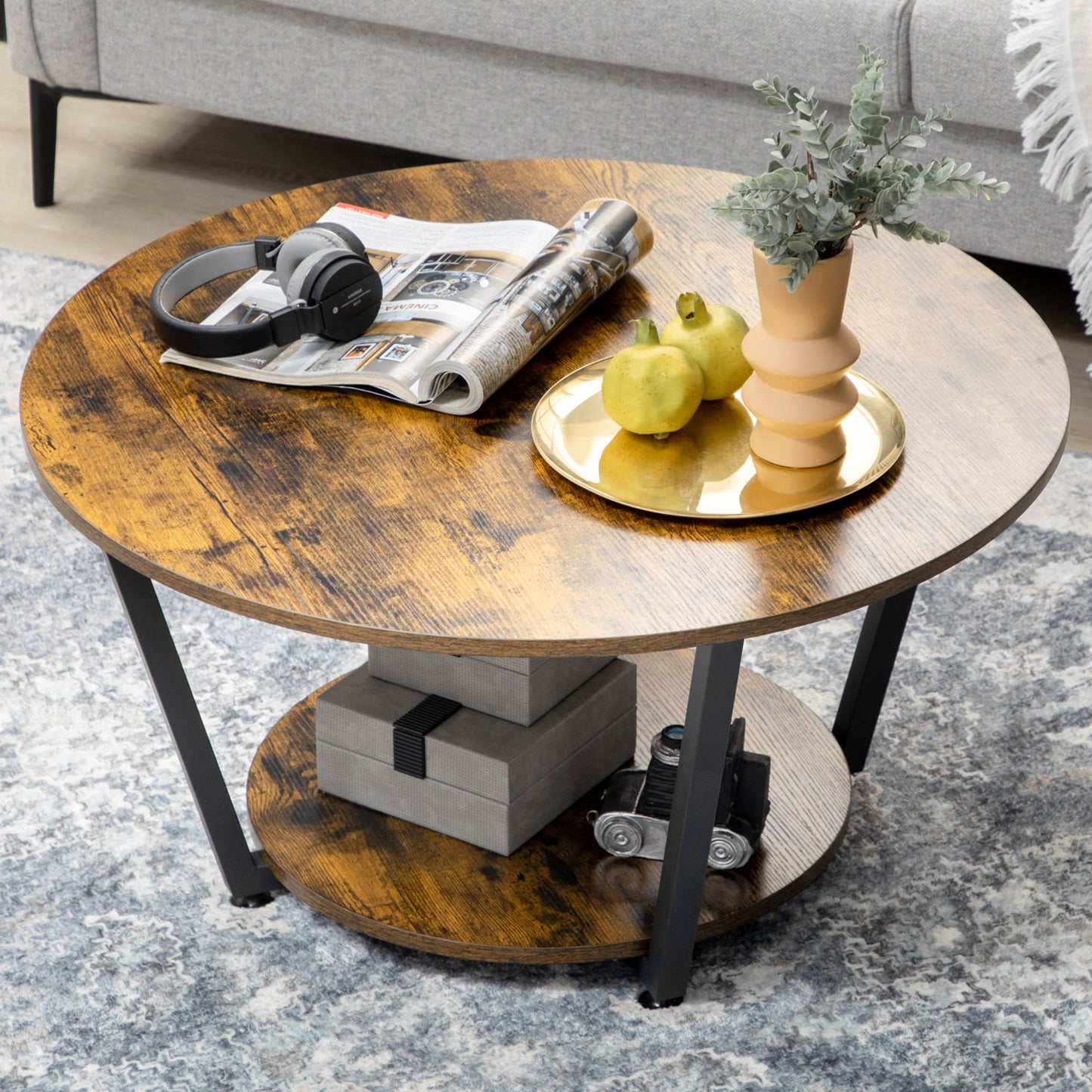 Round Coffee Table with Storage Shelf, Center Table with Steel Frame for Living Room, Rustic Brown Coffee Tables   at Gallery Canada