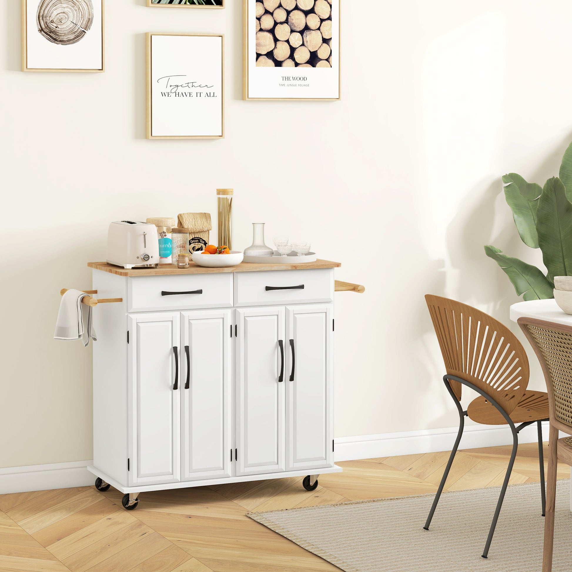 Kitchen Island on Wheels with Rubberwood Top, Rolling Kitchen Cart with 2 Drawers, 4 Doors and Adjustable Shelves Kitchen Islands & Kitchen Carts   at Gallery Canada